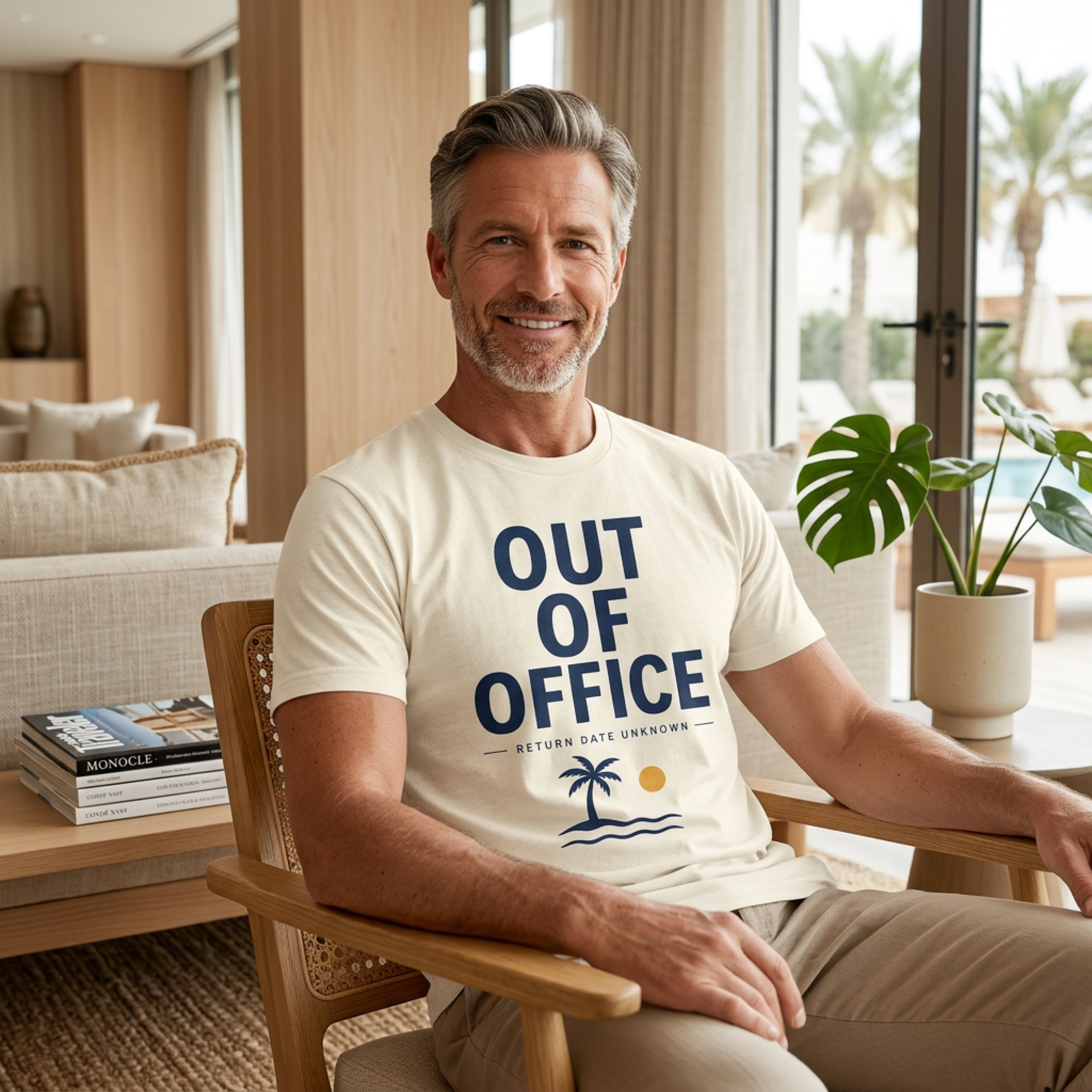 Man in a cream t-shirt reading "OUT OF OFFICE" with a palm tree and sun graphic.