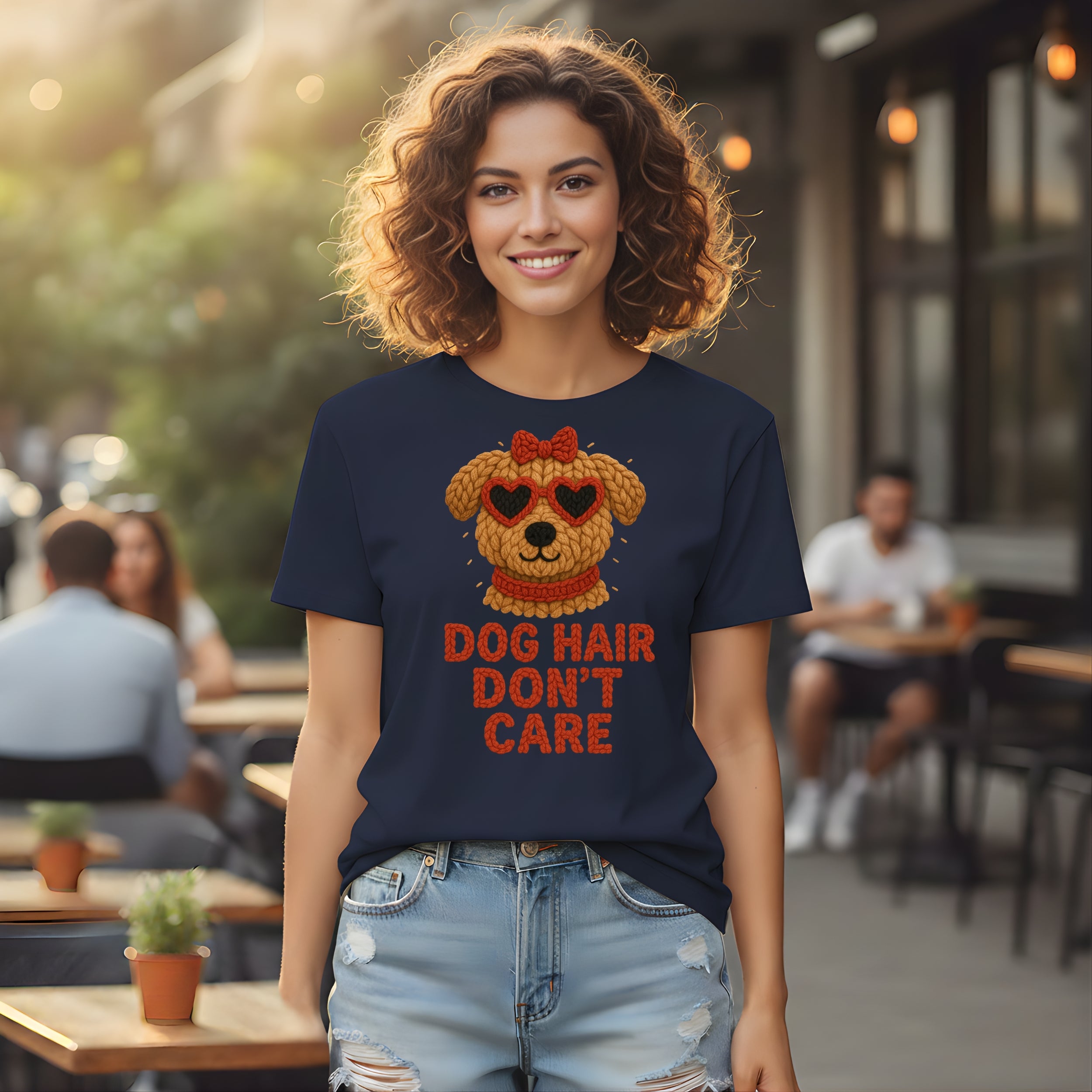 Navy t-shirt with "DOG HAIR DON'T CARE" text and dog graphic.