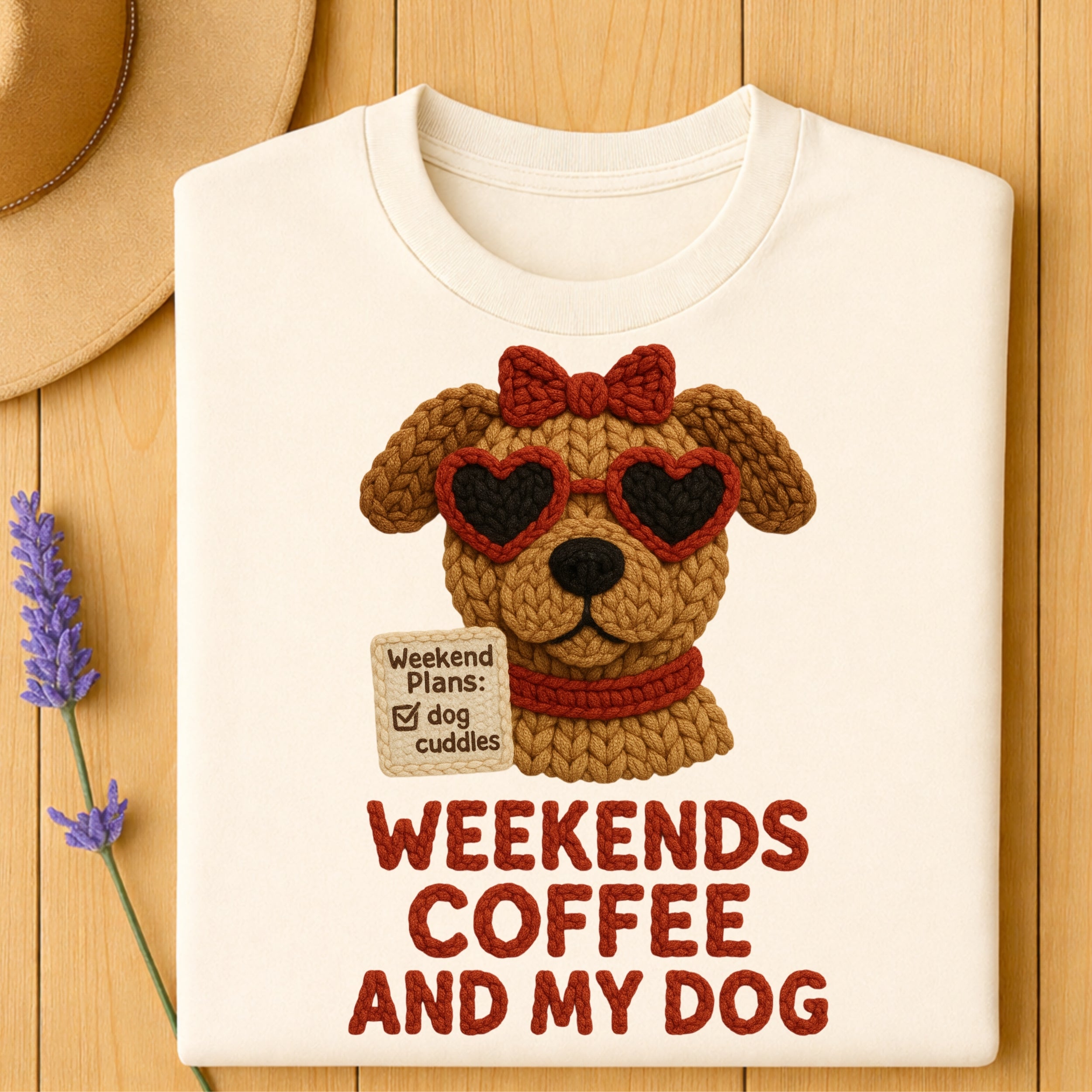 Cream t-shirt with knit dog graphic, sunglasses, and text "Weekends Coffee and My Dog".