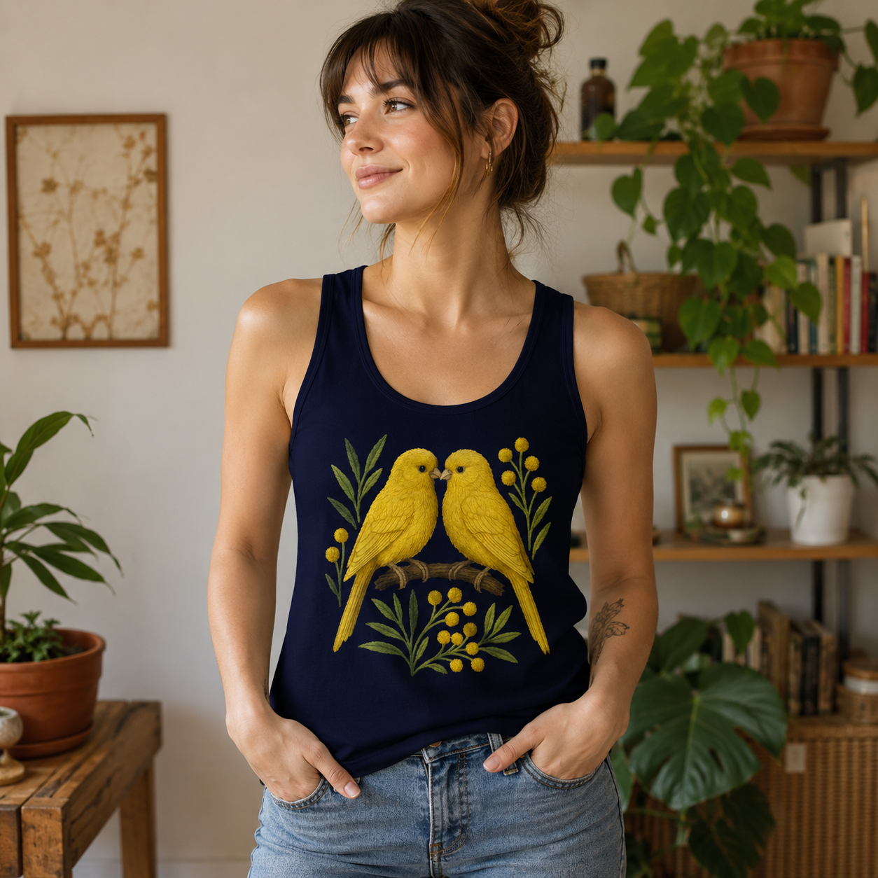 Navy tank top with embroidered yellow canaries on a branch with yellow flowers.