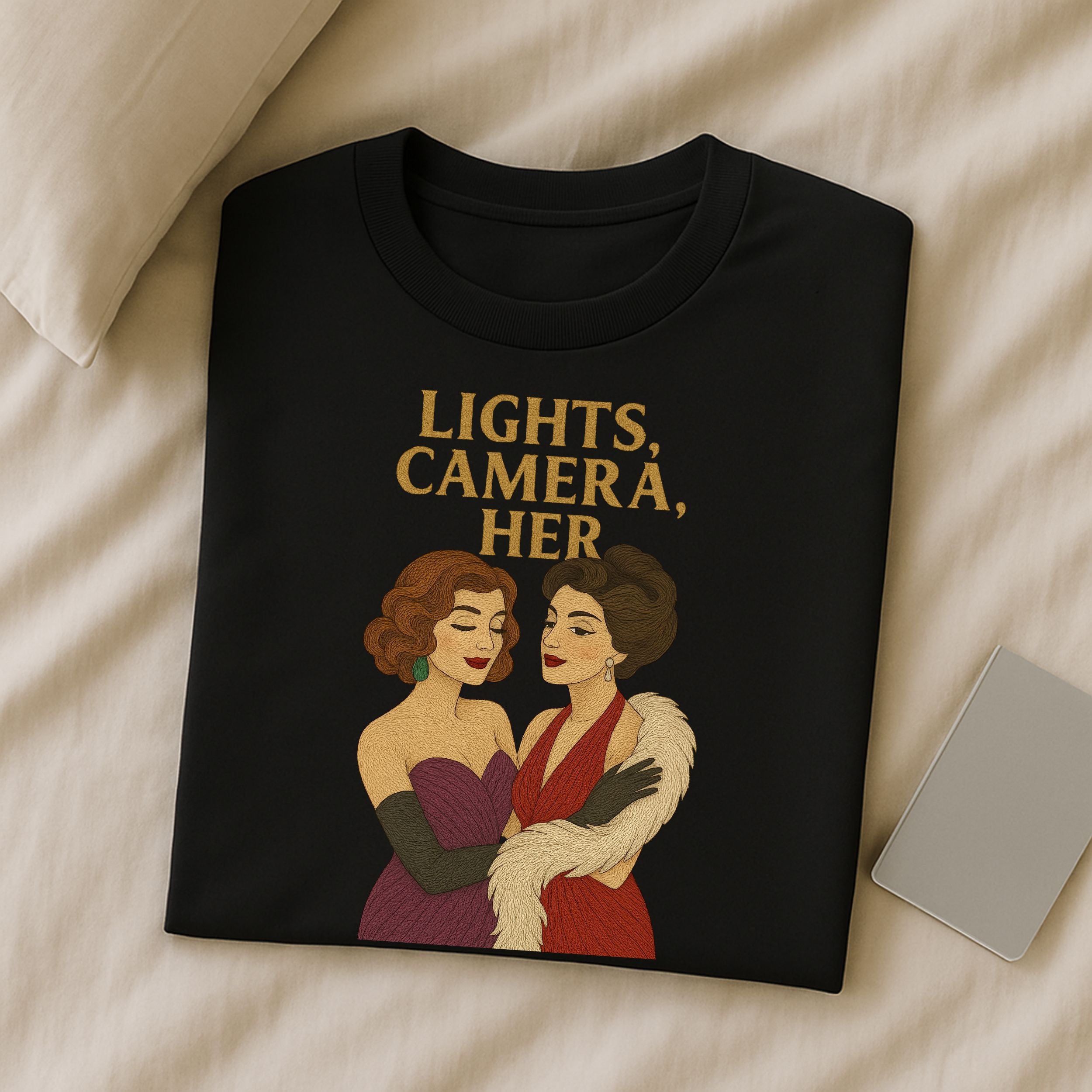 Lights, Camera, Her – Vintage Sapphic T-Shirt, Old Hollywood Glam Gift