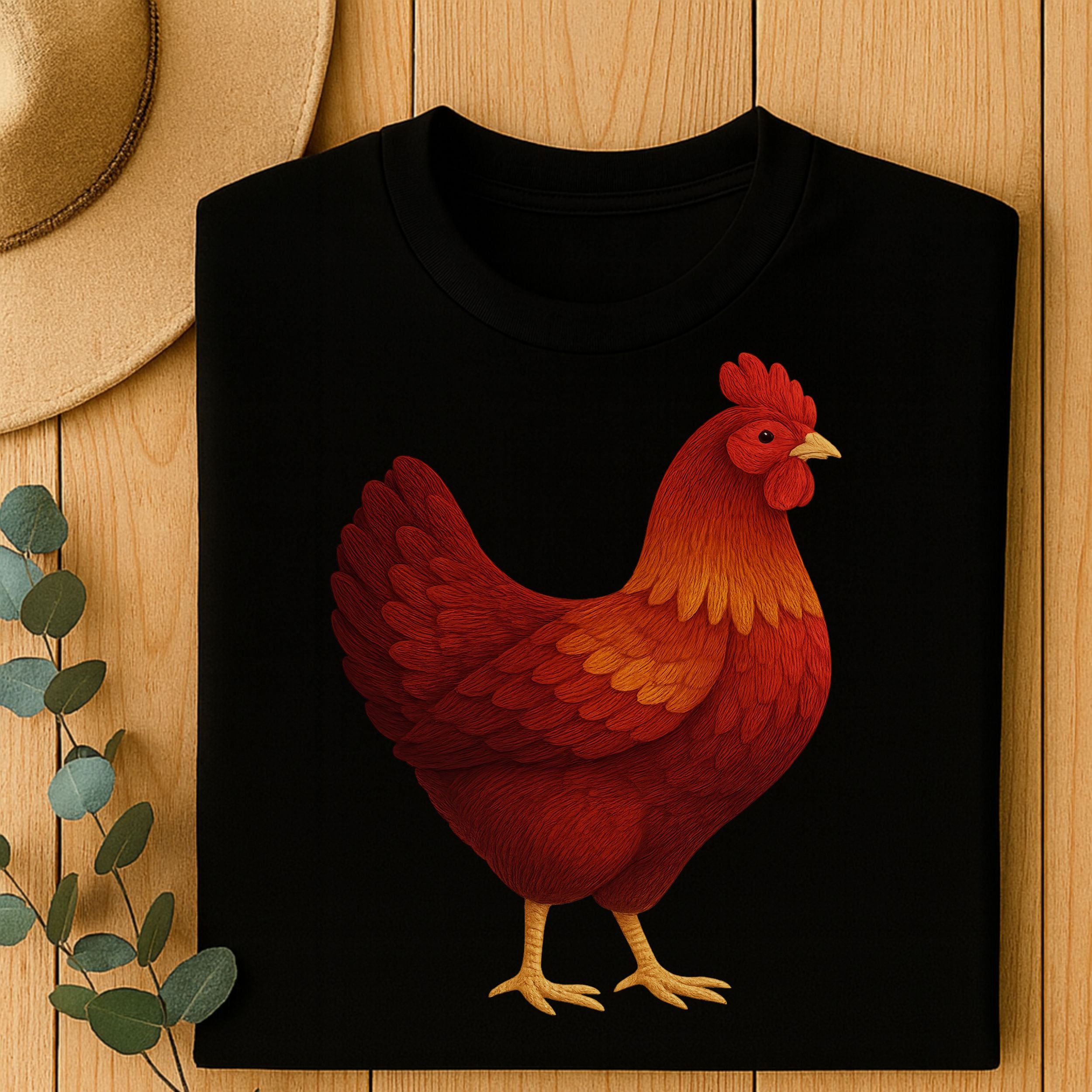 Vibrant Rooster Graphic on Black Folded Shirt