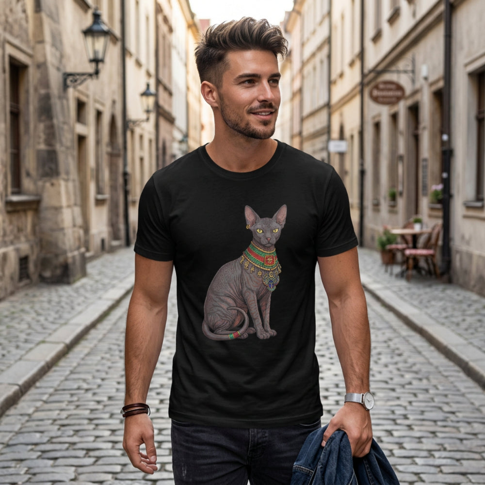 Man wearing black t-shirt with Egyptian cat graphic on cobblestone street.