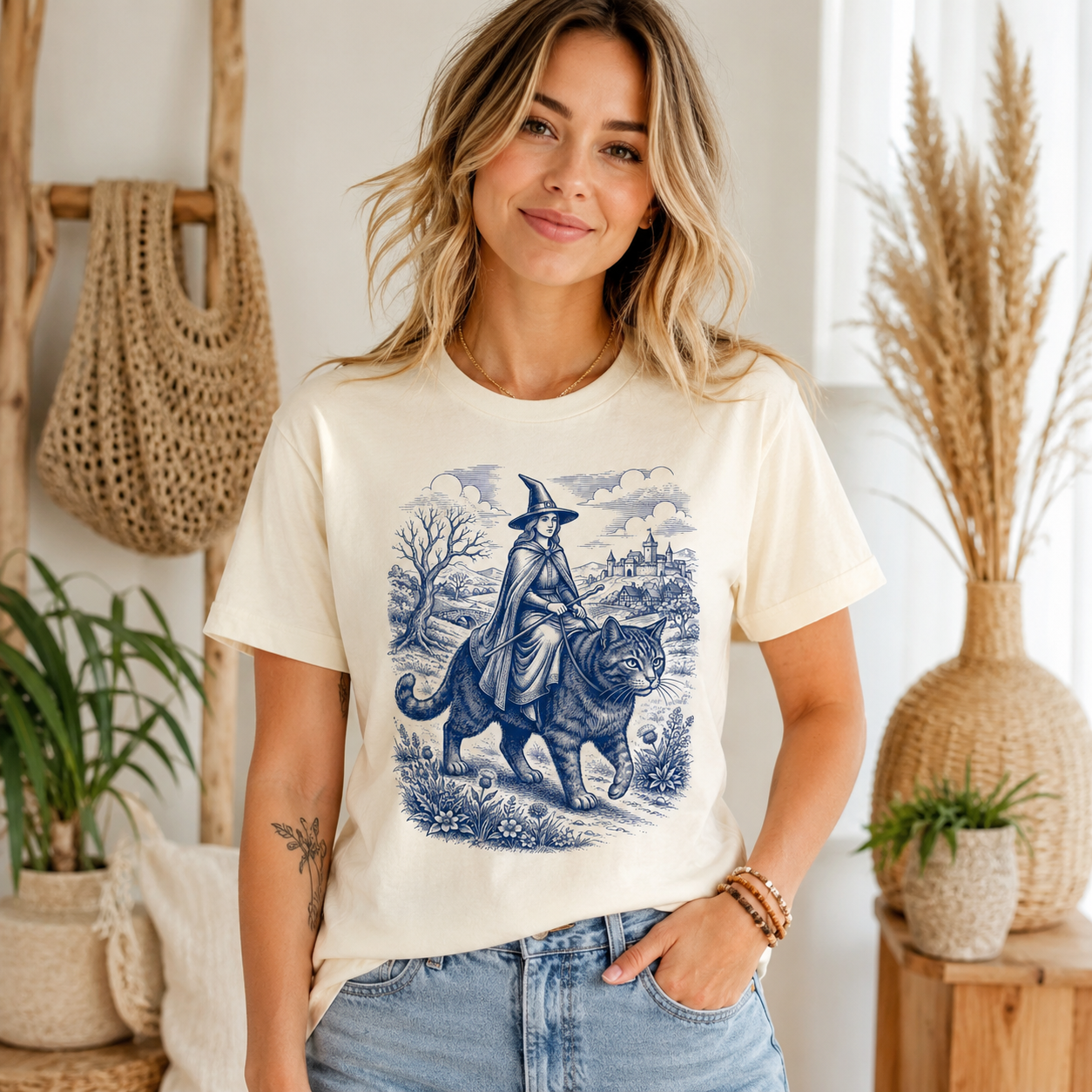 Woman in cream t-shirt with witch and cat graphic, blue illustration.