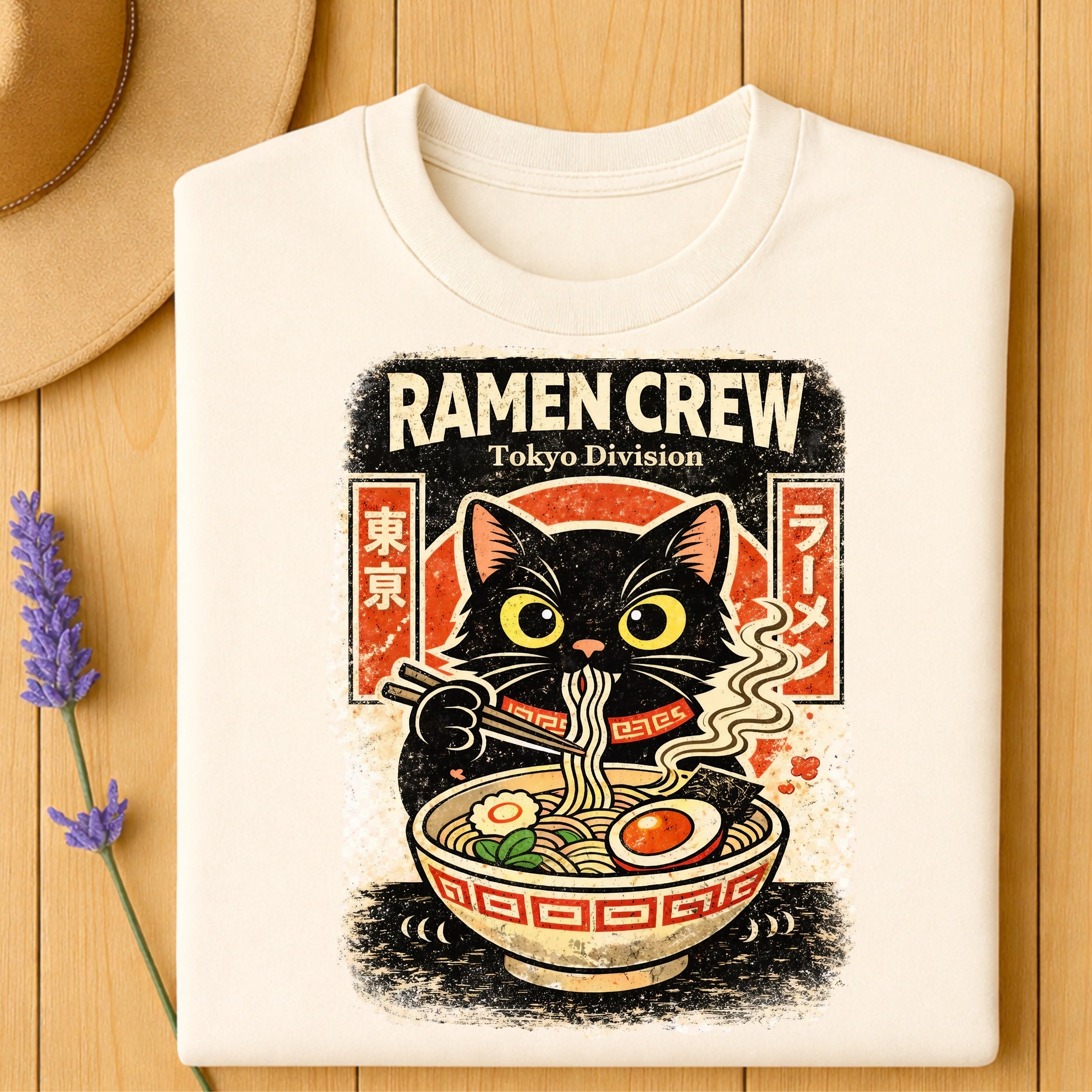 Ramen Crew Tokyo Division Cat Eating Ramen Shirt