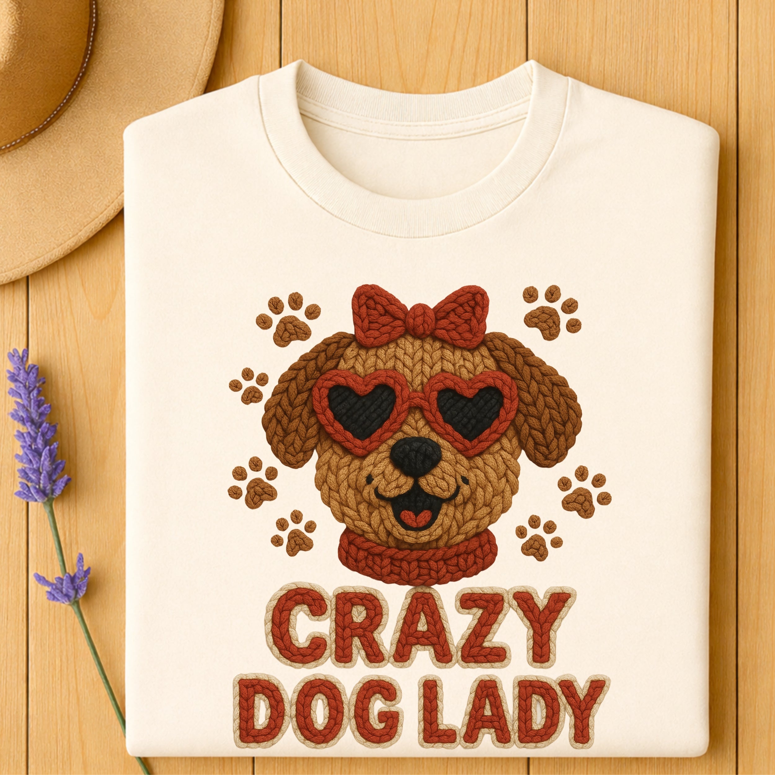 Cream sweatshirt with knitted dog face and "Crazy Dog Lady" text.