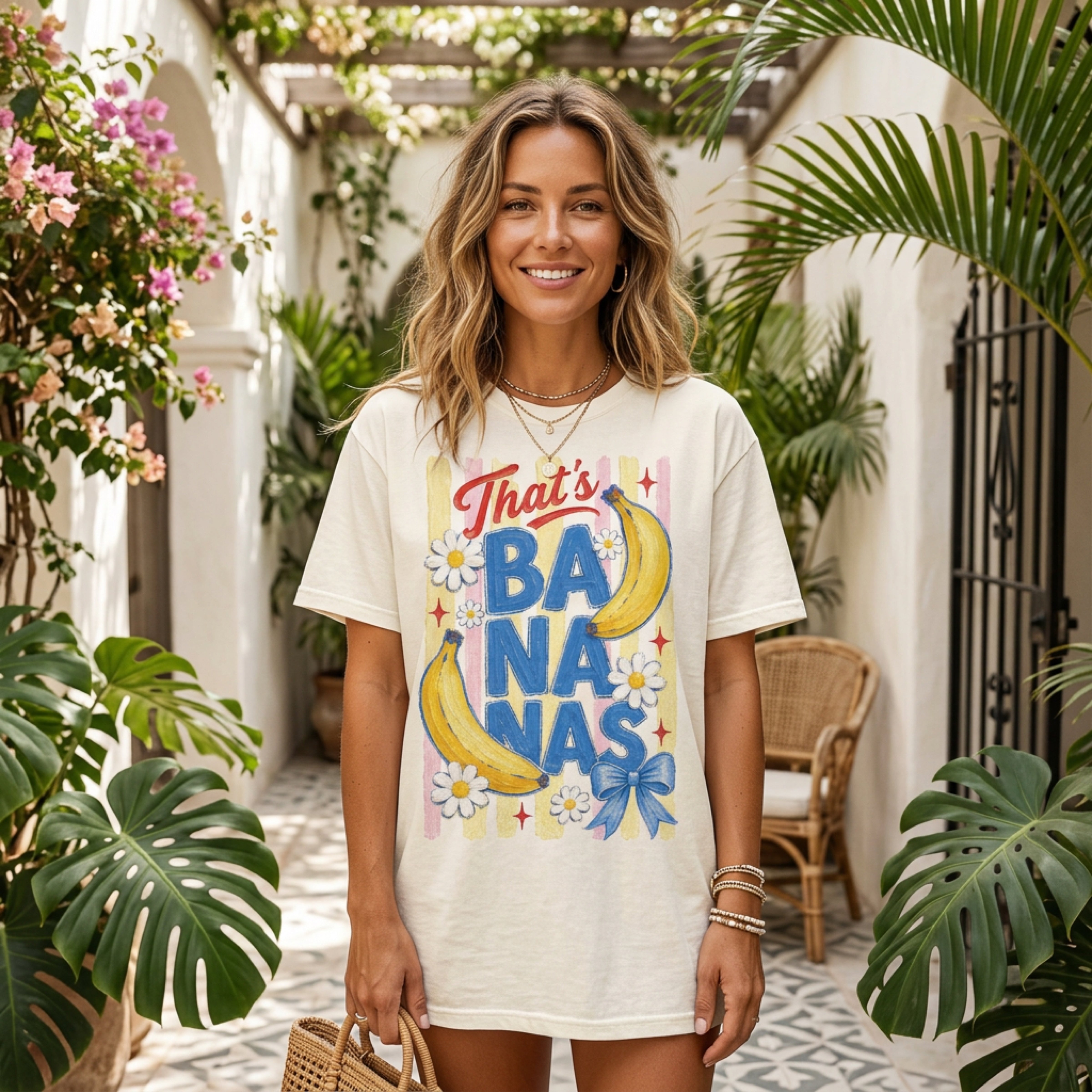 Woman wearing a cream t-shirt with "That's Bananas" text and banana graphic.