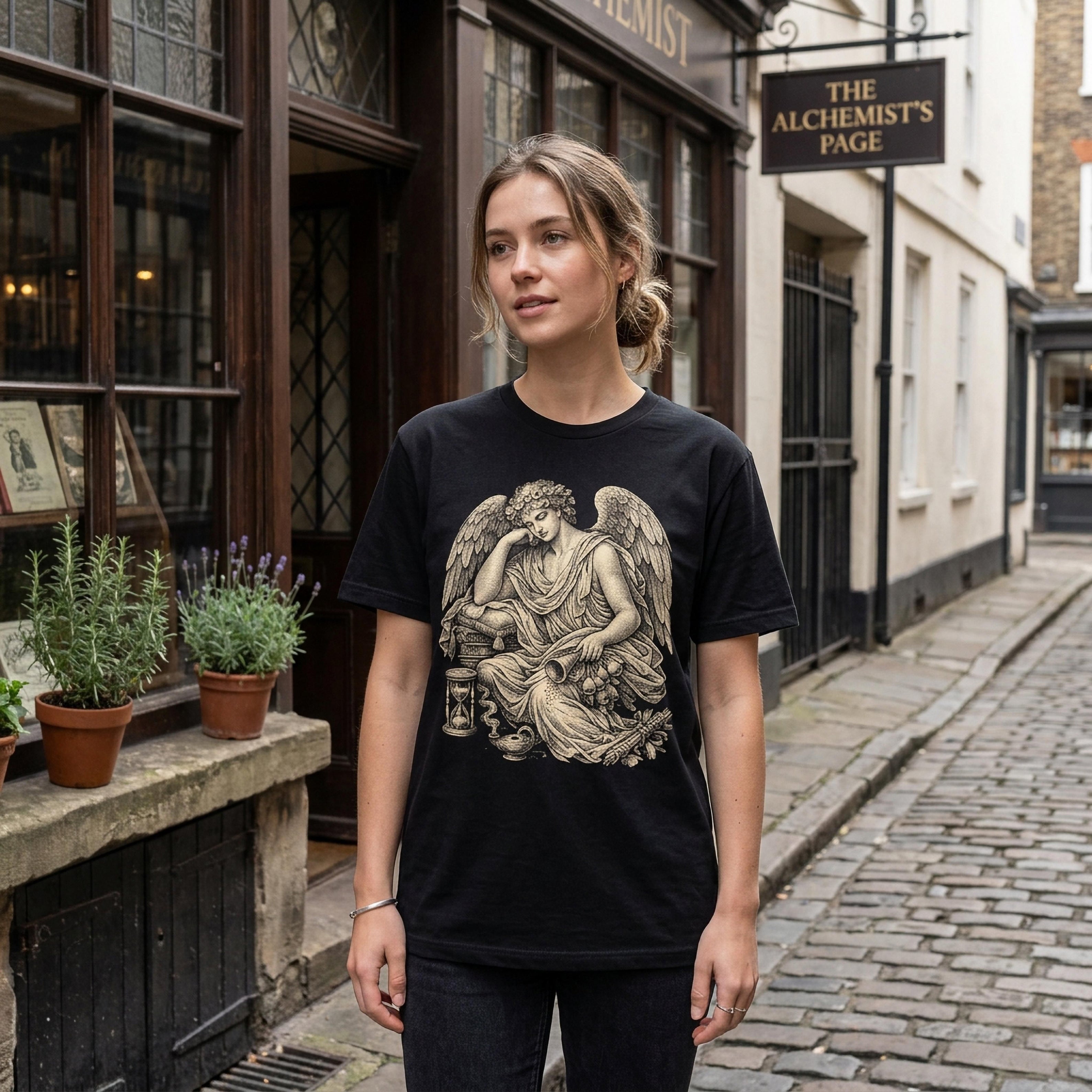 Woman wearing black t-shirt with angel and hourglass graphic.