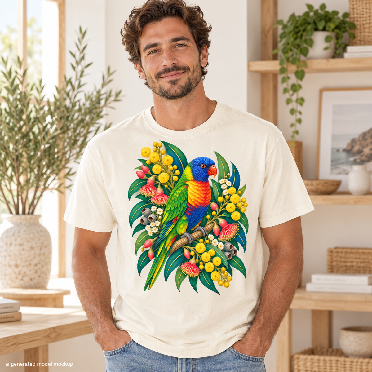 T-shirt with a vibrant lorikeet perched on a branch surrounded by colorful flowers and leaves.