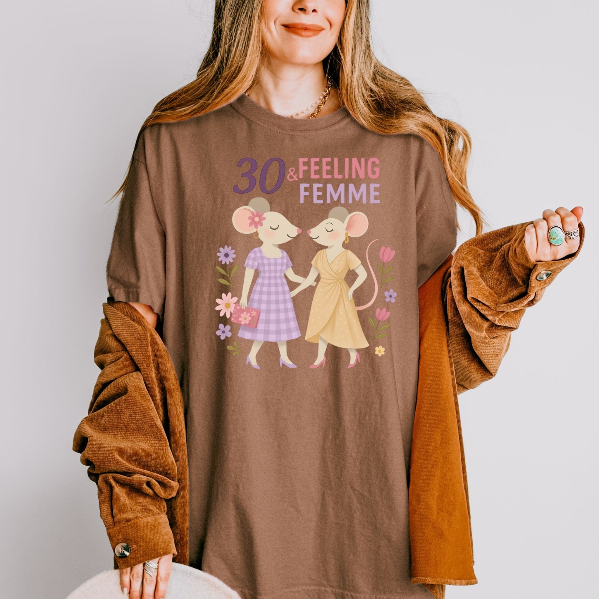 30 & Feeling Femme Shirt, Comfort Colours Lesbian Birthday Tee, Cute Gift for Her, 30th Birthday Mouse Couple Top - Craig Michael Design