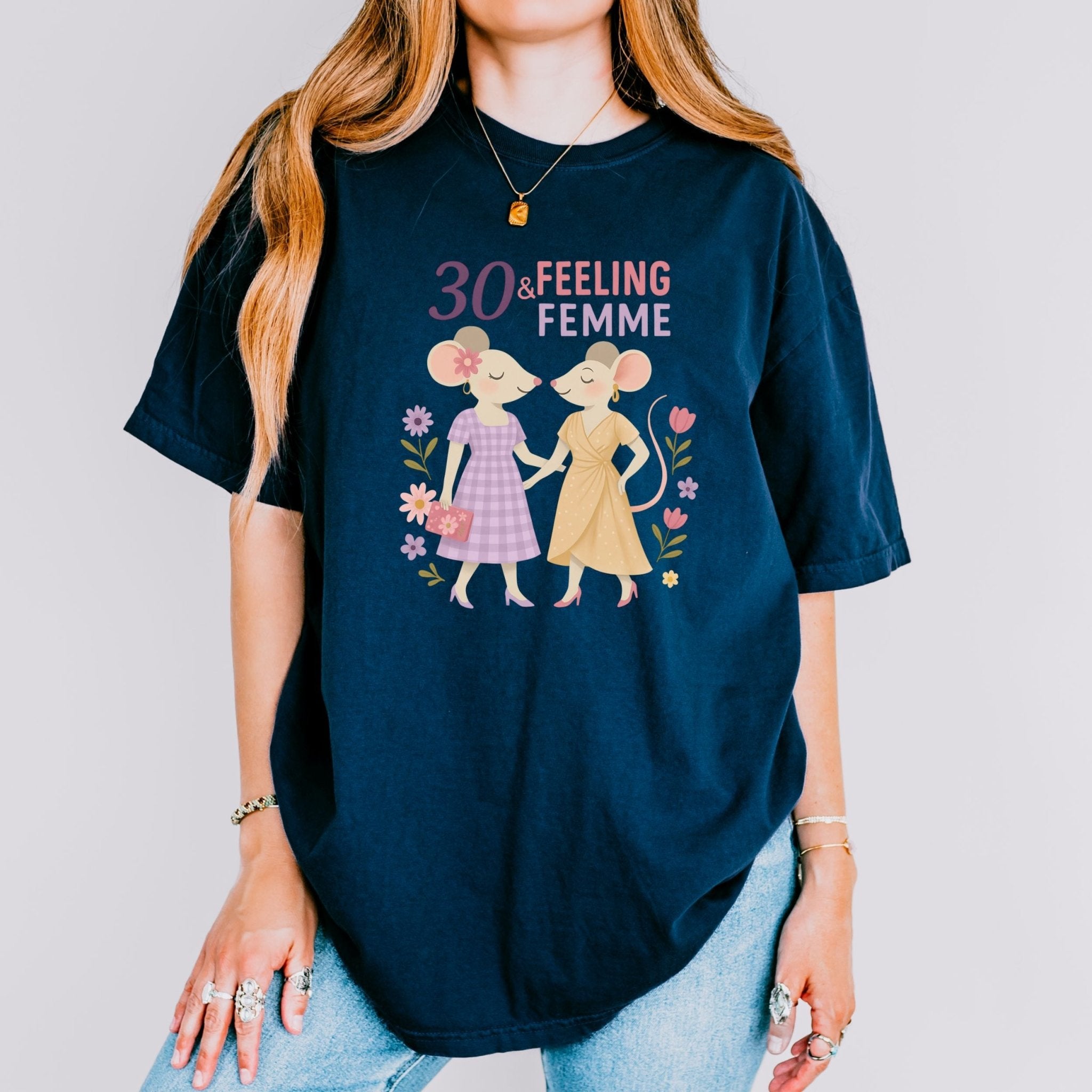 30 & Feeling Femme Shirt, Comfort Colours Lesbian Birthday Tee, Cute Gift for Her, 30th Birthday Mouse Couple Top - Craig Michael Design