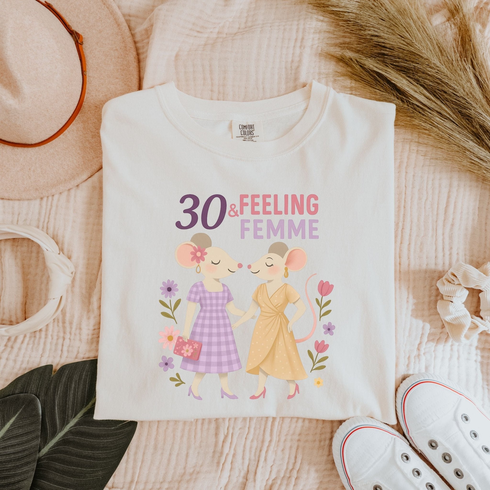 30 & Feeling Femme Shirt, Comfort Colours Lesbian Birthday Tee, Cute Gift for Her, 30th Birthday Mouse Couple Top - Craig Michael Design