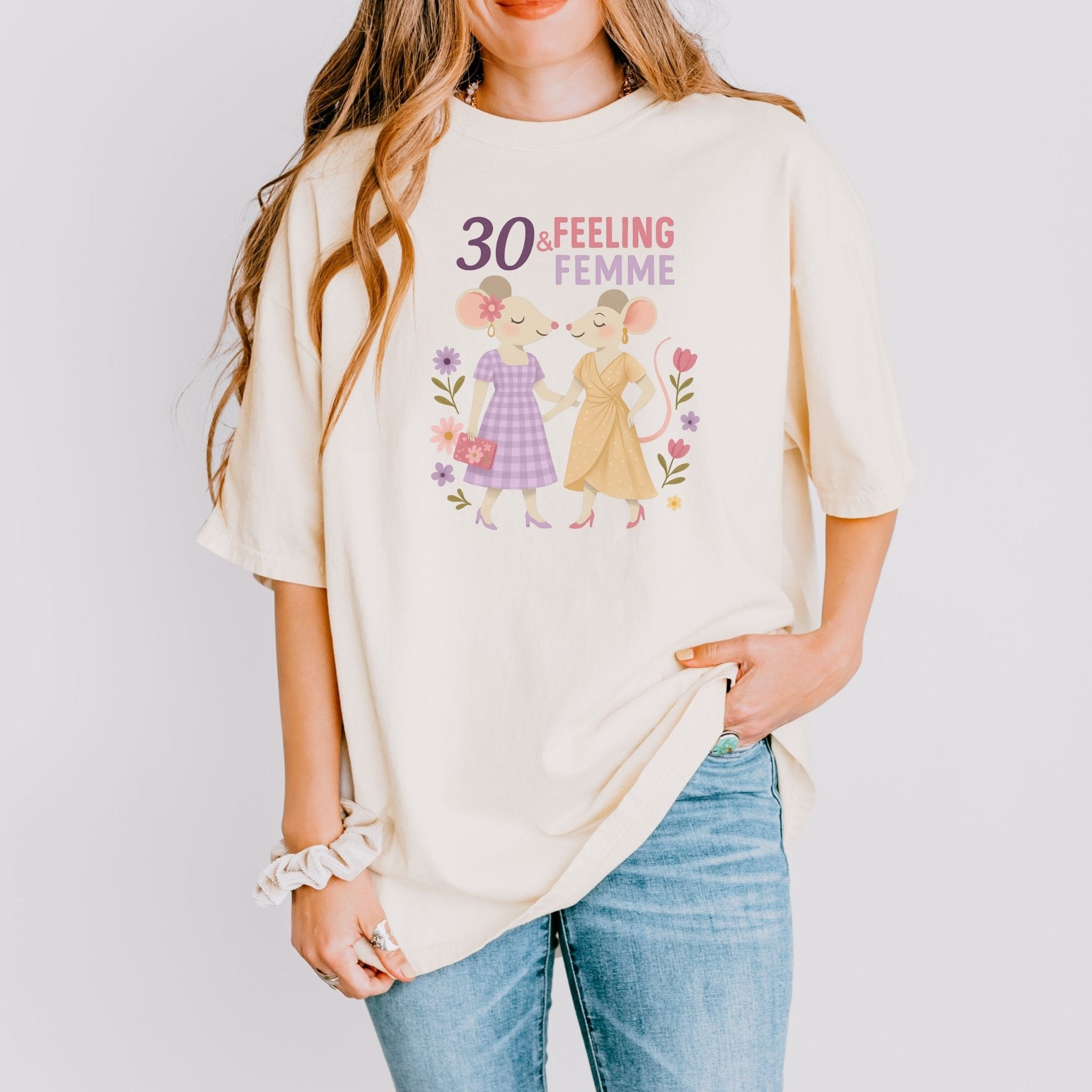30 & Feeling Femme Shirt, Comfort Colours Lesbian Birthday Tee, Cute Gift for Her, 30th Birthday Mouse Couple Top - Craig Michael Design