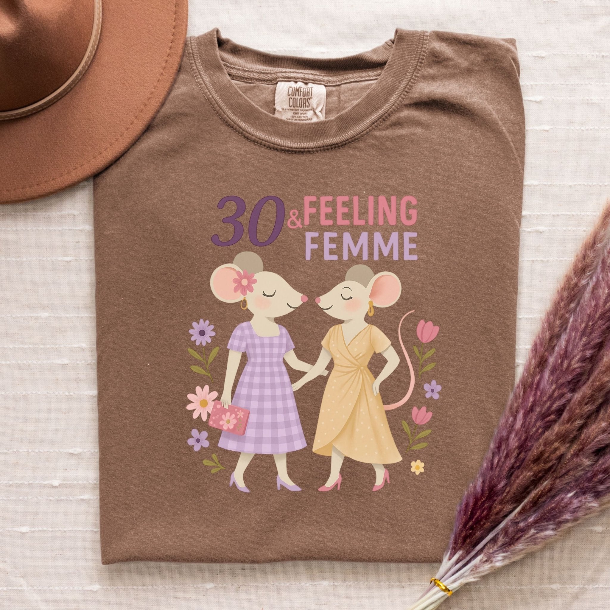 30 & Feeling Femme Shirt, Comfort Colours Lesbian Birthday Tee, Cute Gift for Her, 30th Birthday Mouse Couple Top - Craig Michael Design