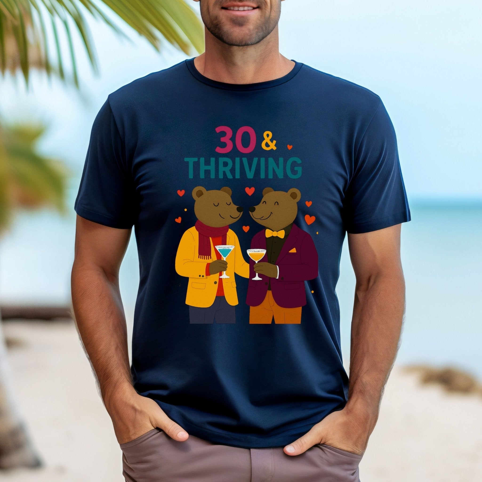 30 & Thriving Tee, Gay Bear Couple T-Shirt, Embroidered Style 30th Birthday Shirt, LGBTQ Pride Gift for Him, Milestone Celebration Top - Craig Michael Design