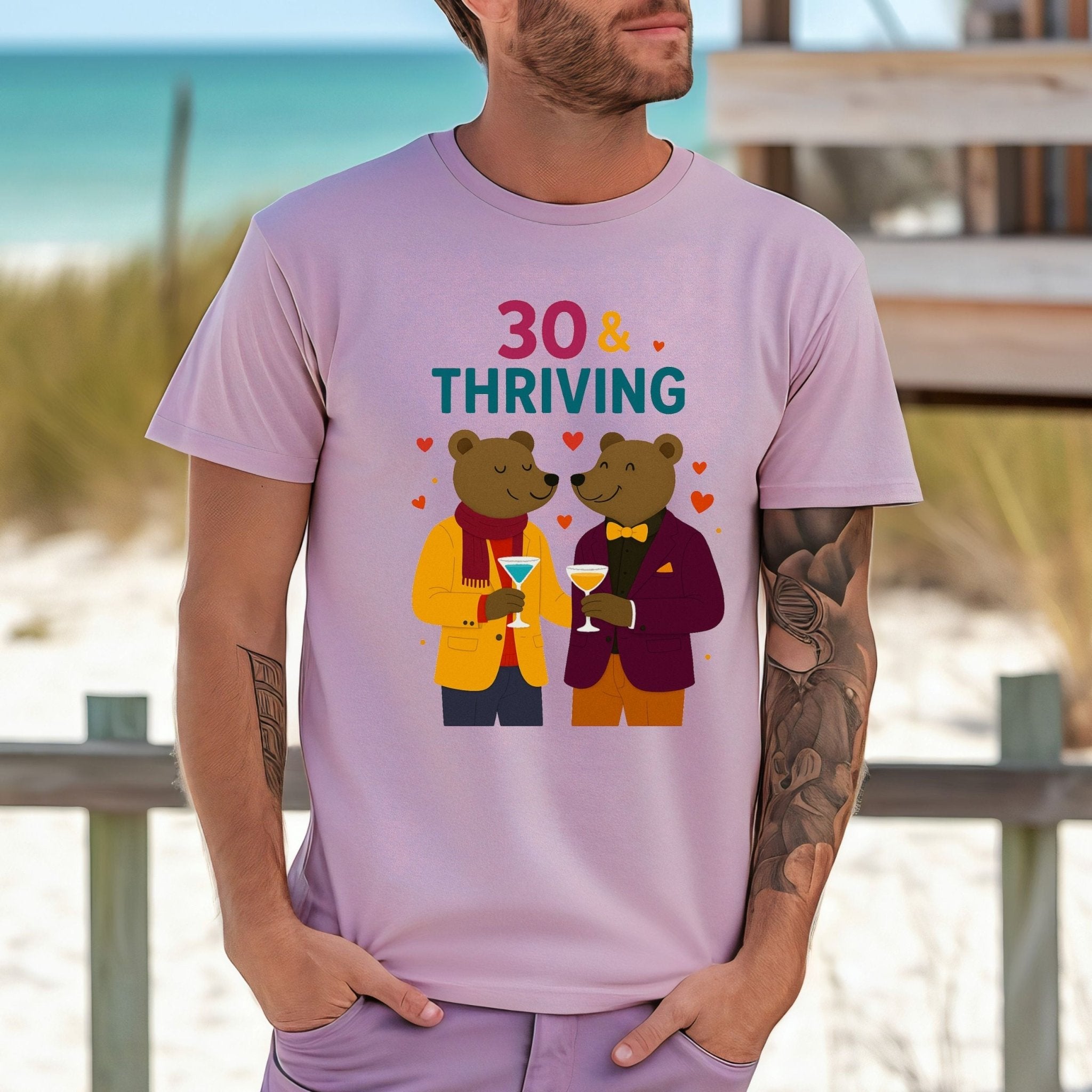 30 & Thriving Tee, Gay Bear Couple T-Shirt, Embroidered Style 30th Birthday Shirt, LGBTQ Pride Gift for Him, Milestone Celebration Top - Craig Michael Design