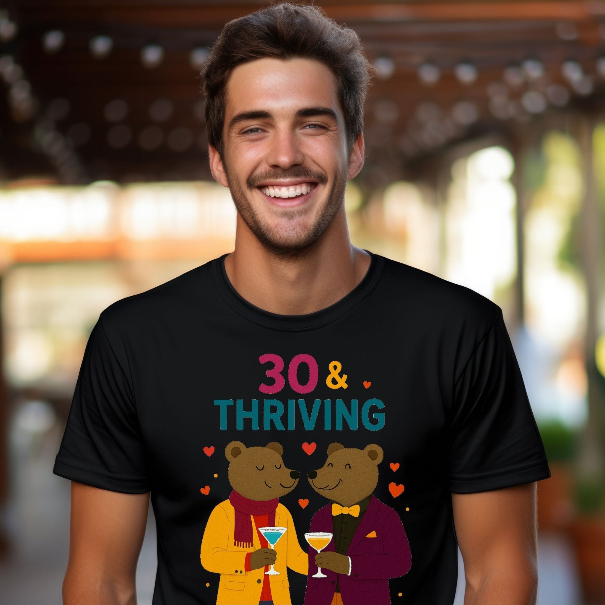 30 & Thriving Tee, Gay Bear Couple T-Shirt, Embroidered Style 30th Birthday Shirt, LGBTQ Pride Gift for Him, Milestone Celebration Top - Craig Michael Design