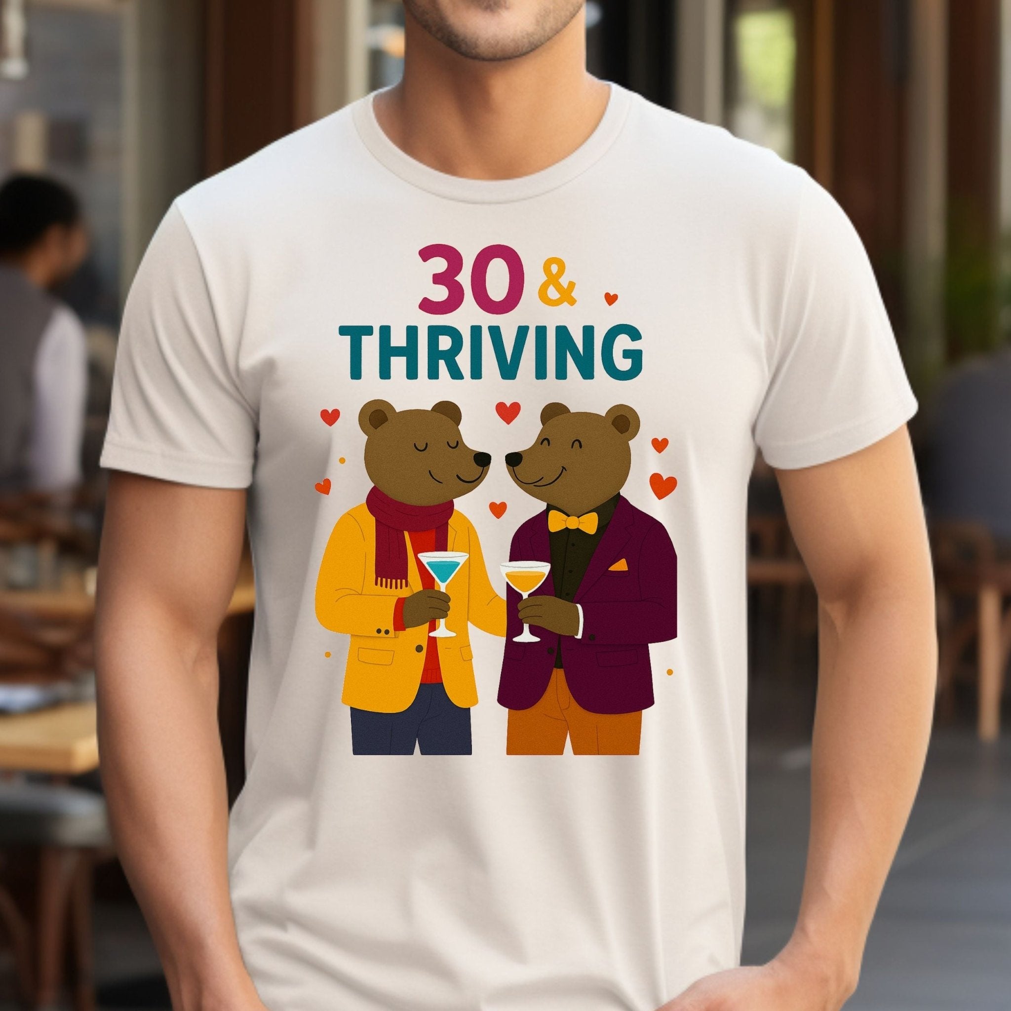 30 & Thriving Tee, Gay Bear Couple T-Shirt, Embroidered Style 30th Birthday Shirt, LGBTQ Pride Gift for Him, Milestone Celebration Top - Craig Michael Design
