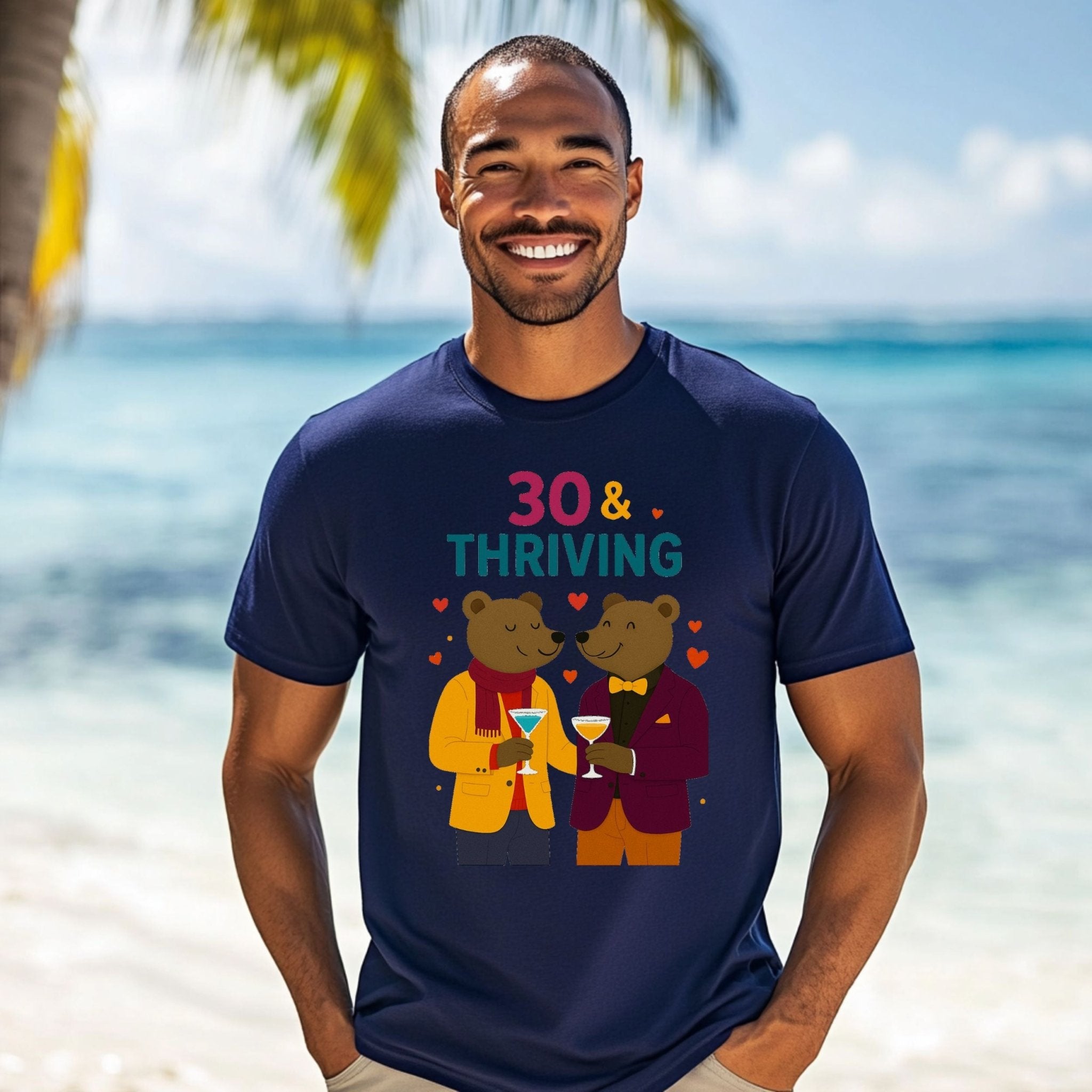 30 & Thriving Tee, Gay Bear Couple T-Shirt, Embroidered Style 30th Birthday Shirt, LGBTQ Pride Gift for Him, Milestone Celebration Top - Craig Michael Design