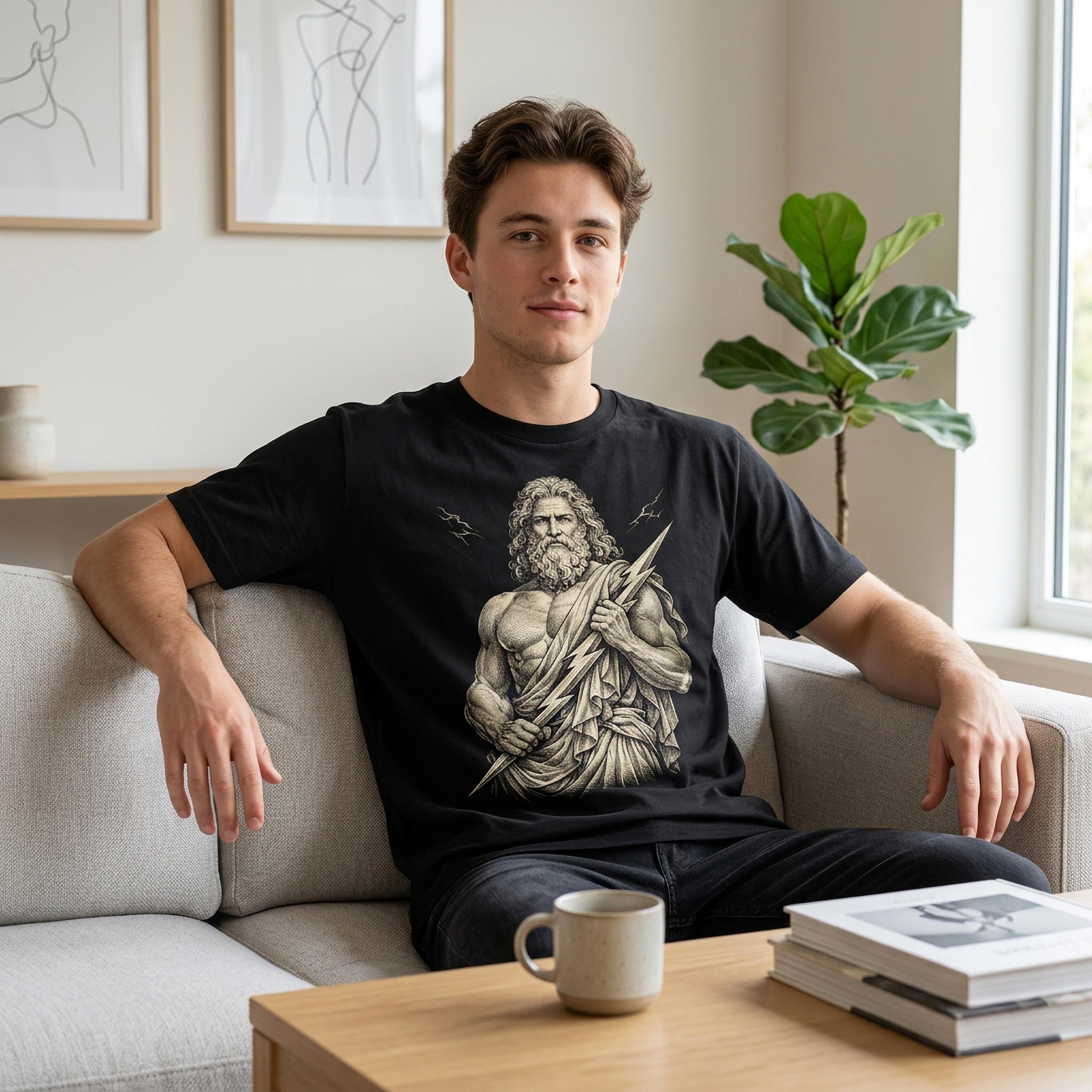 Man wearing a black t-shirt with a graphic of Zeus holding a lightning bolt.