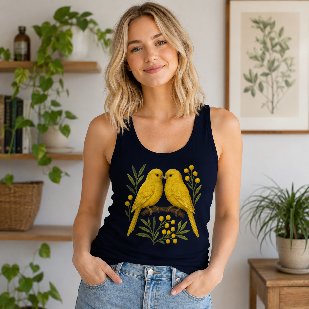 Dark blue tank top with two yellow birds perched on a branch.