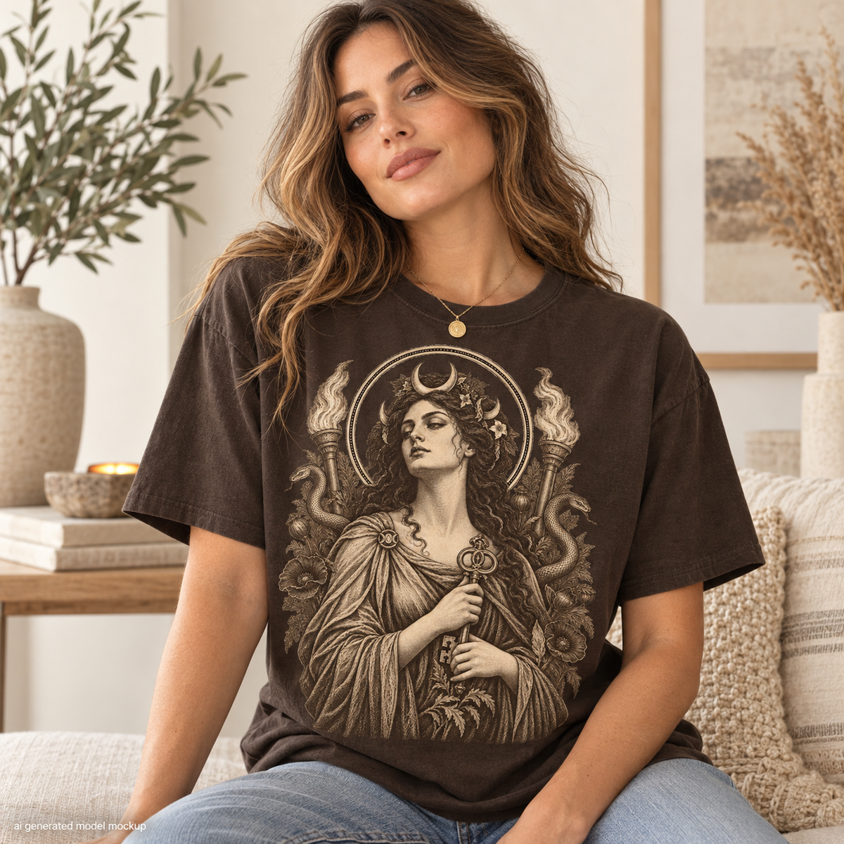 Dark t-shirt with distressed print of a woman holding a key, flanked by torches and serpents.