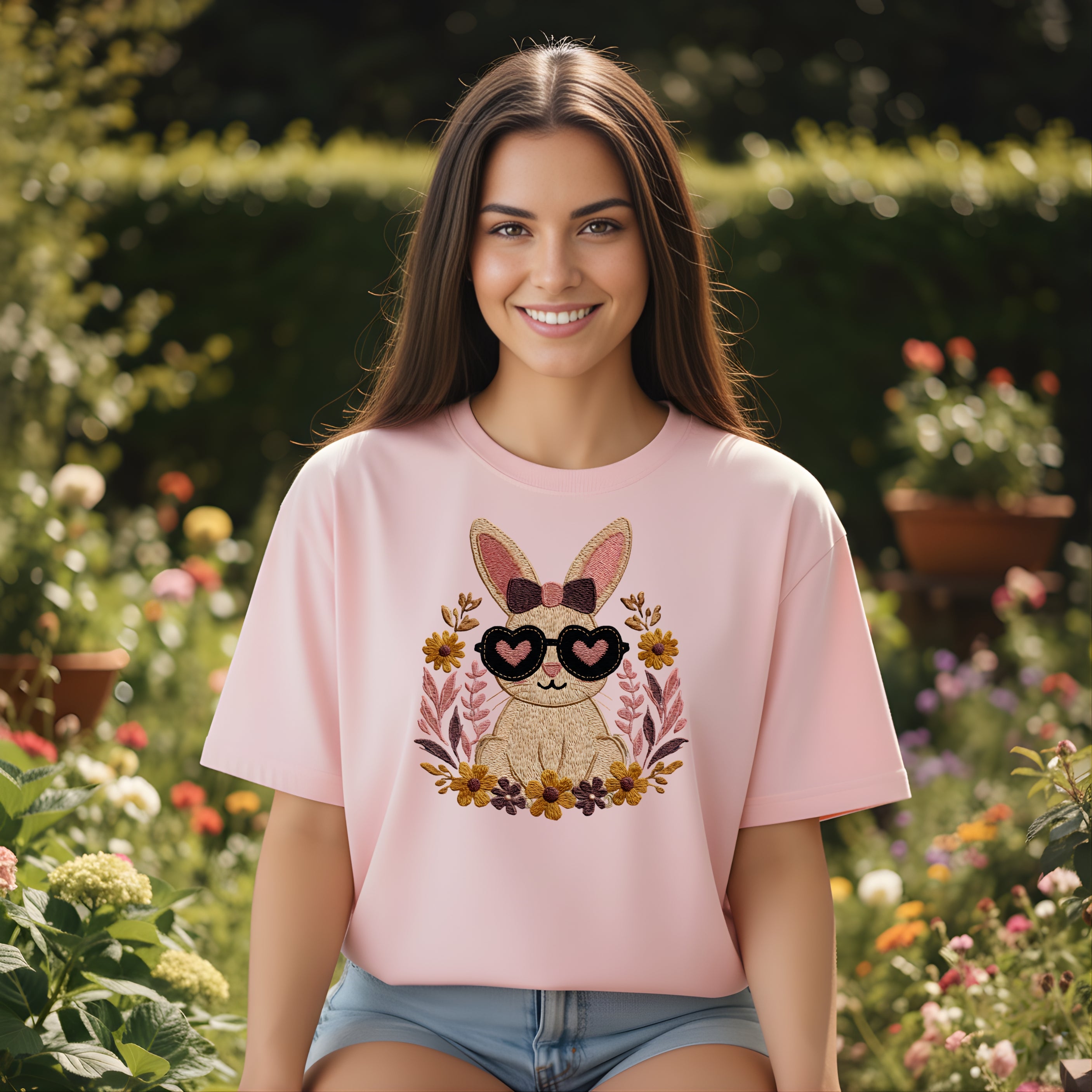 Cute Bunny with Sunglasses and Floral Design T-Shirt