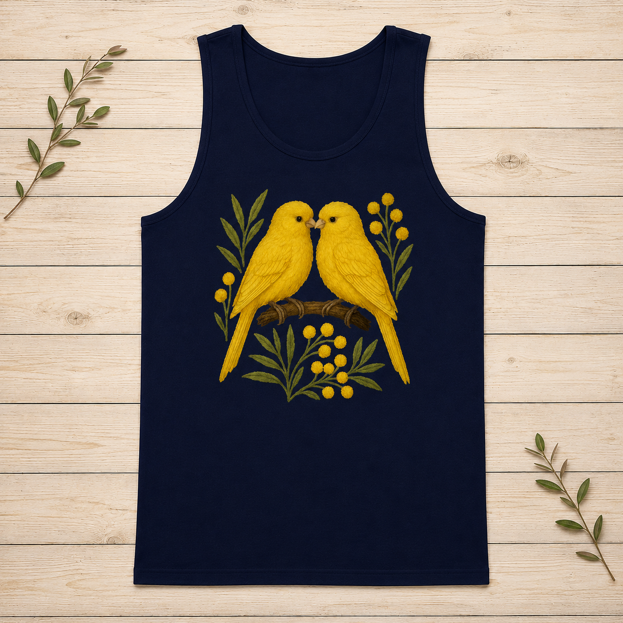 Navy tank top with a graphic of two yellow birds on a branch with yellow berries.