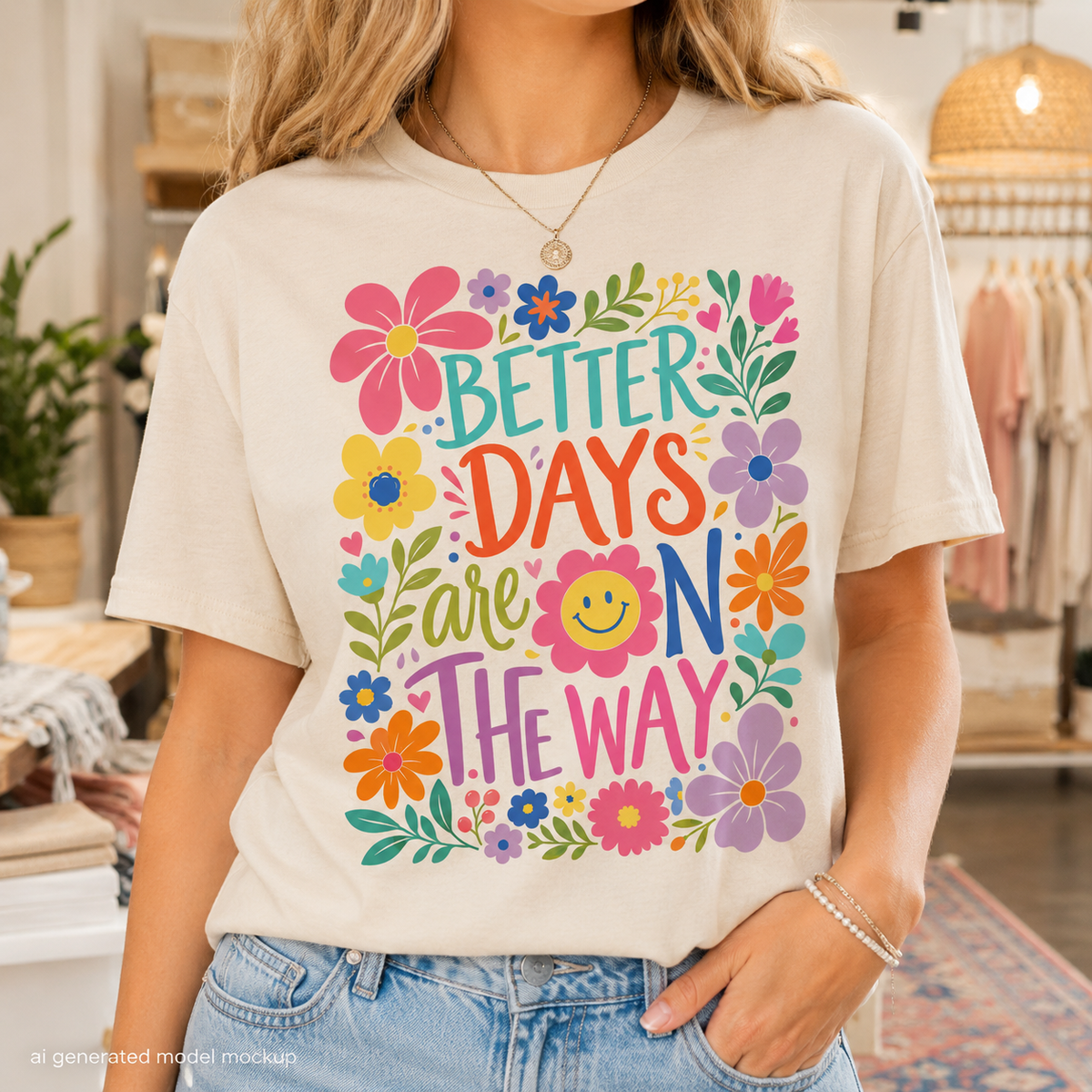 T-shirt with colorful floral design and text "Better Days Are On The Way."