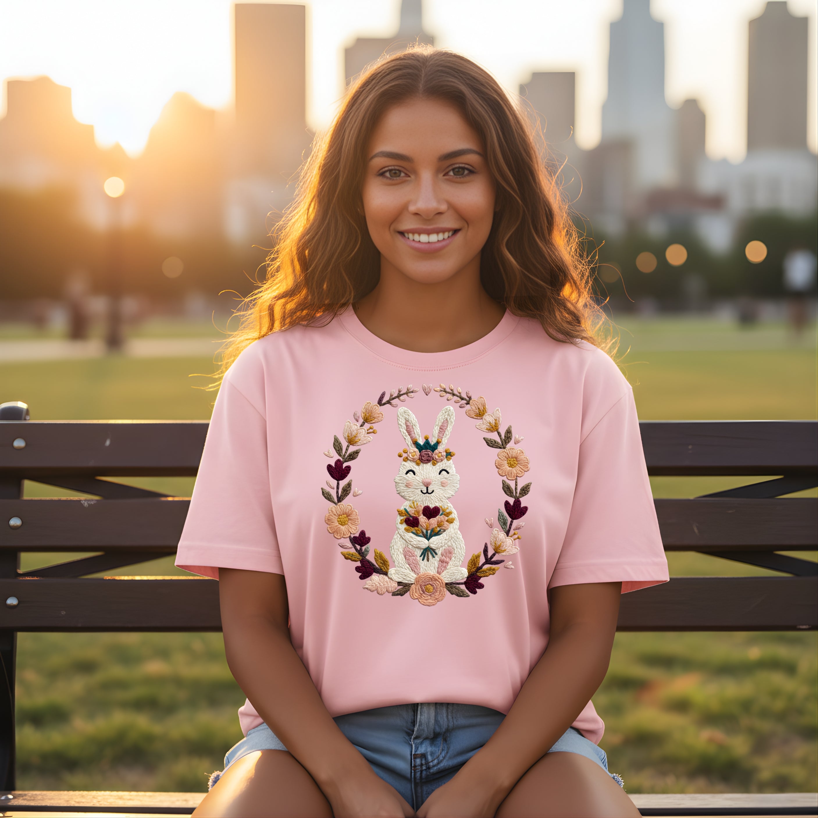 Cute Embroidered Bunny Floral Design Pink T-Shirt