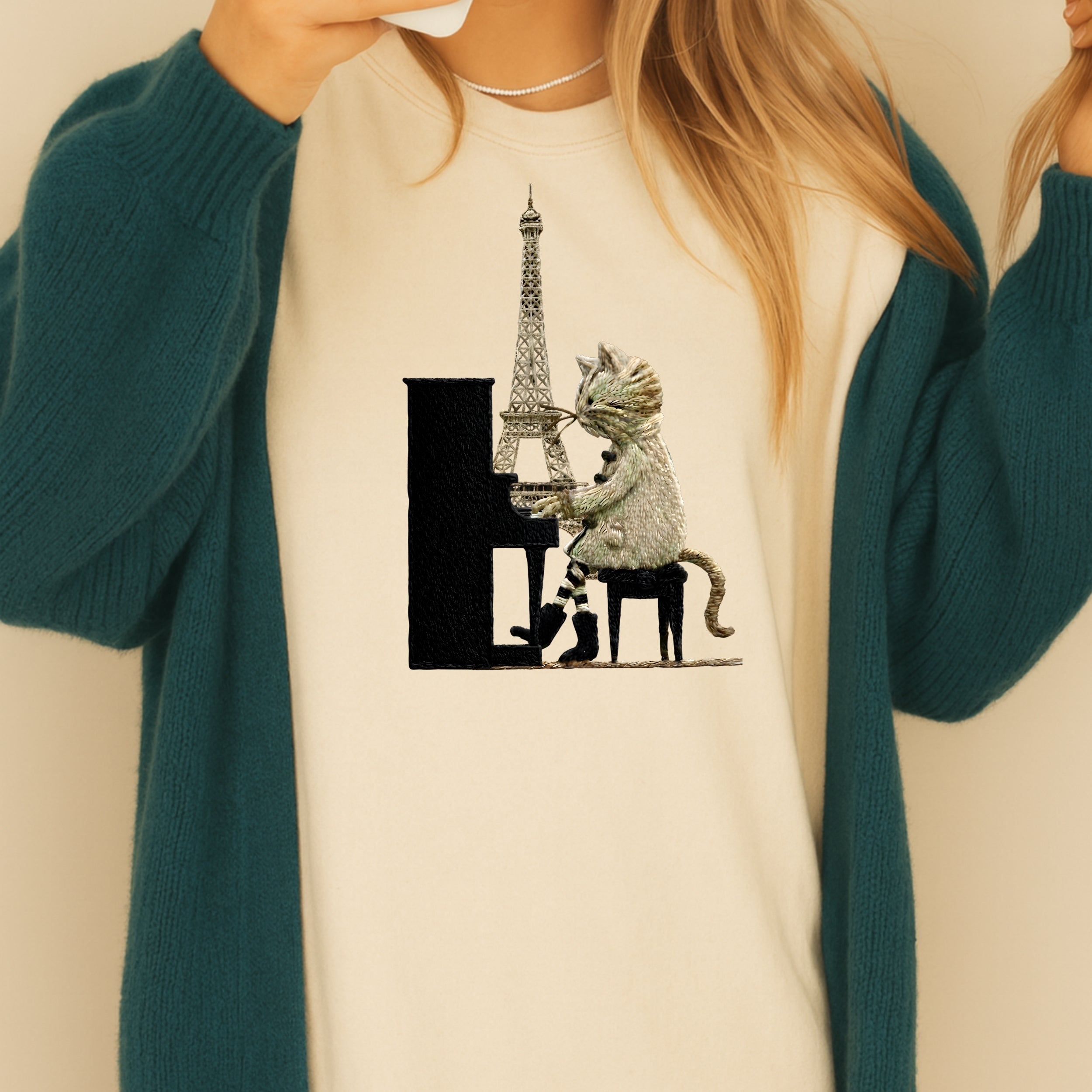 Cat Playing Piano with Eiffel Tower Design Shirt