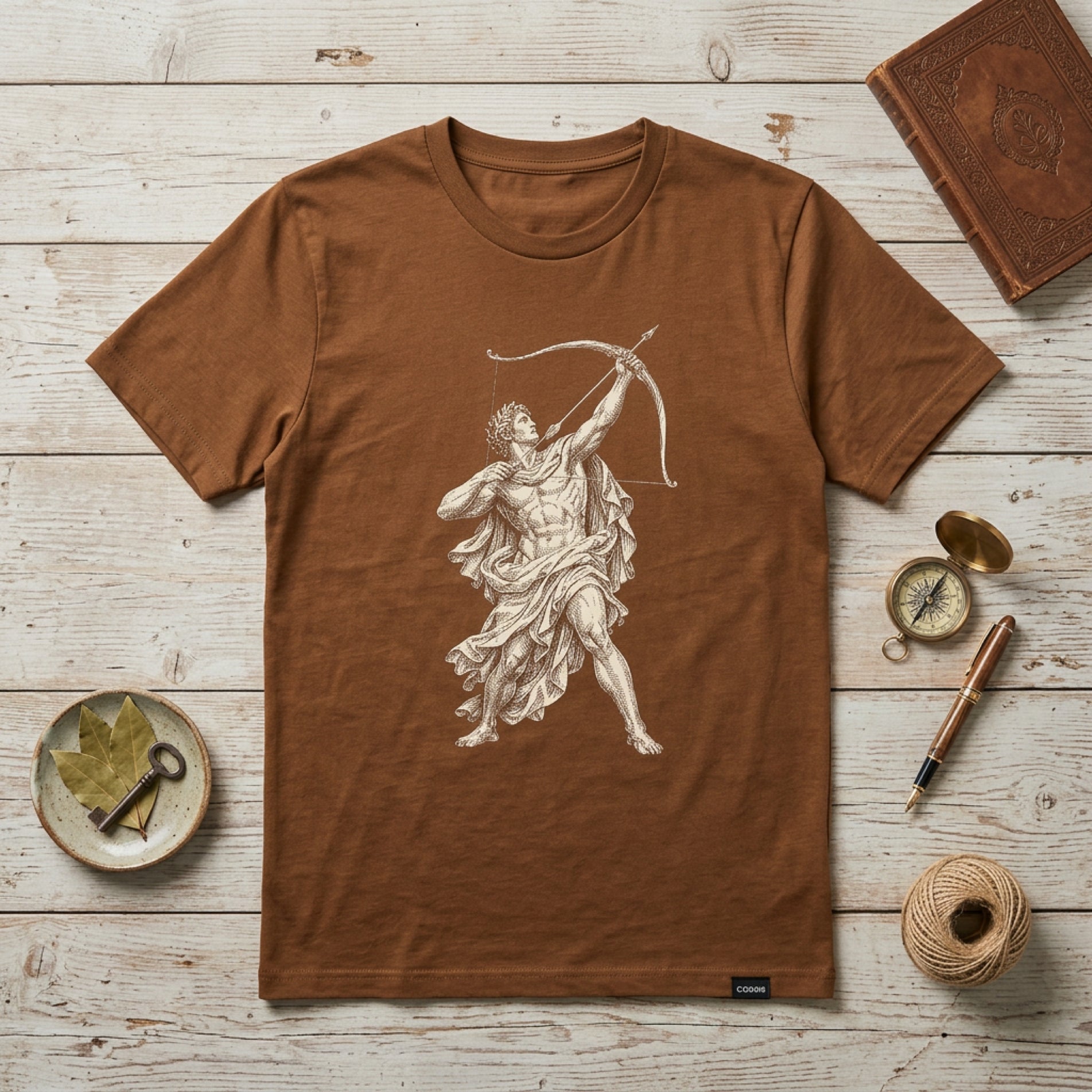 Brown t-shirt with an illustration of the constellation Sagittarius.