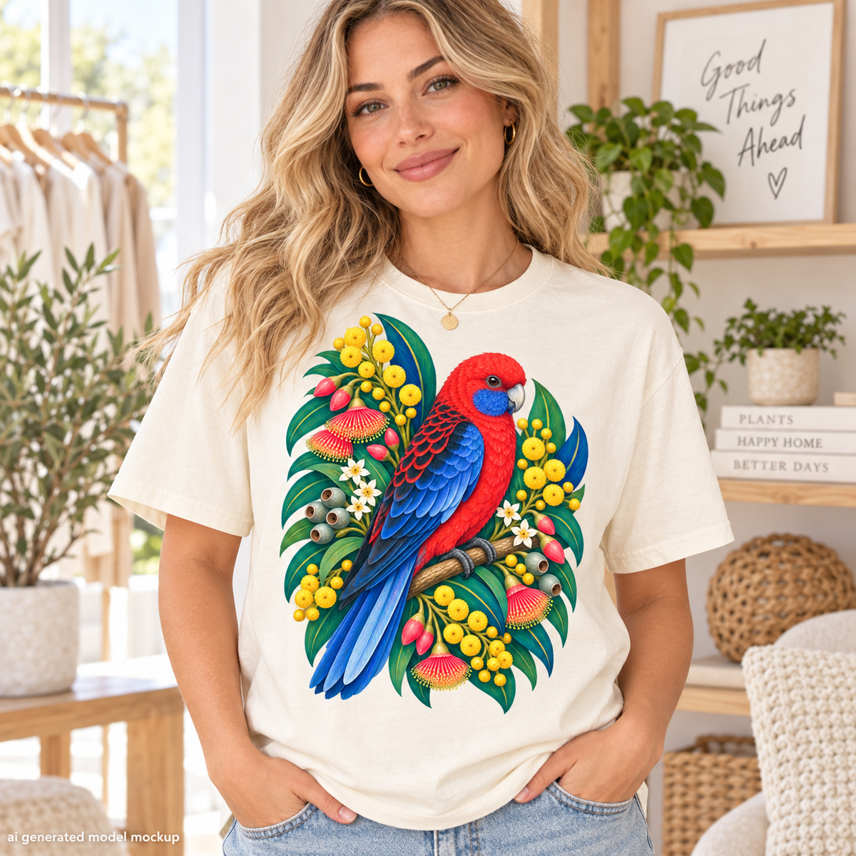 Cream t-shirt with colorful parrot and floral design.