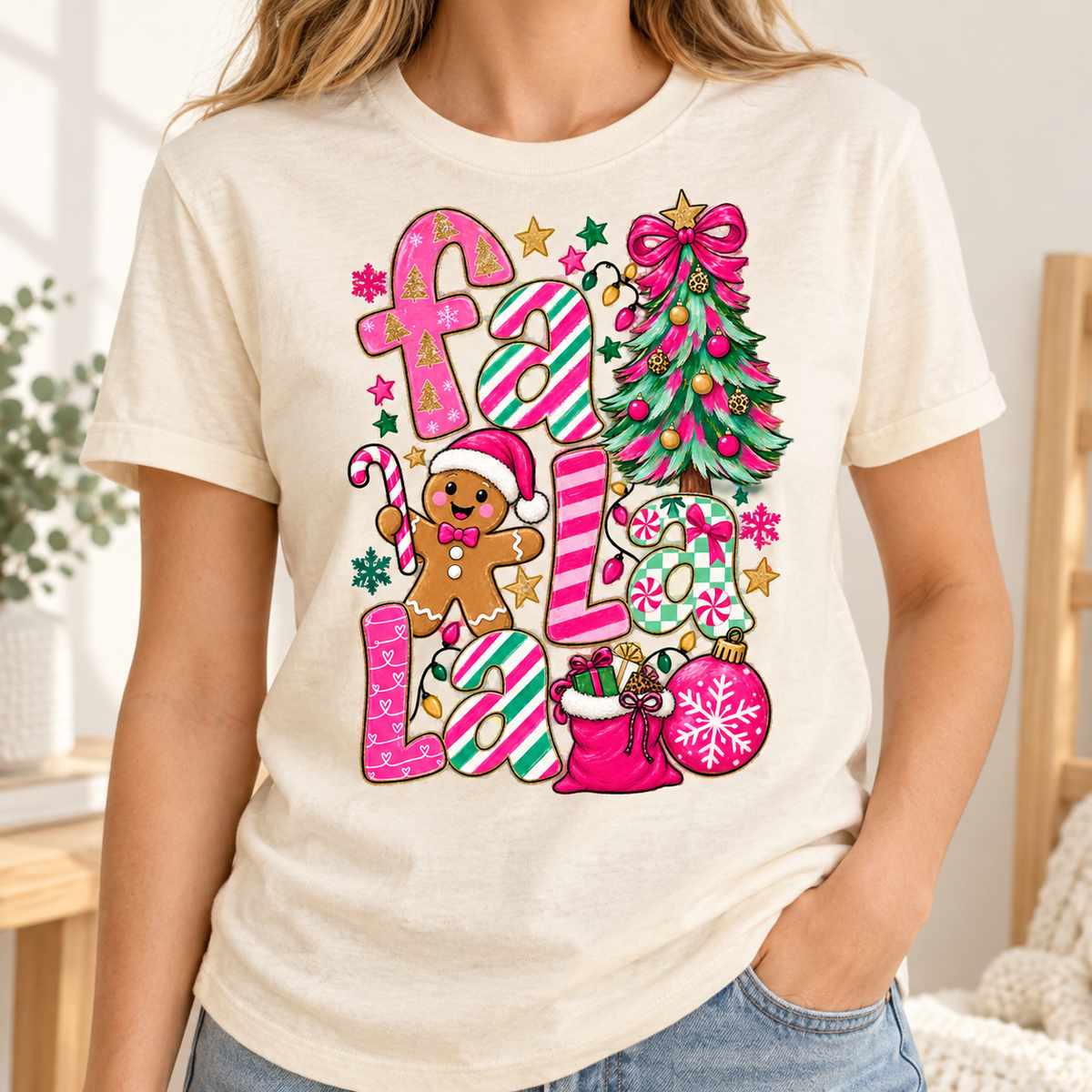 Christmas gingerbread man, tree, and "Fa La La" text on a t-shirt.