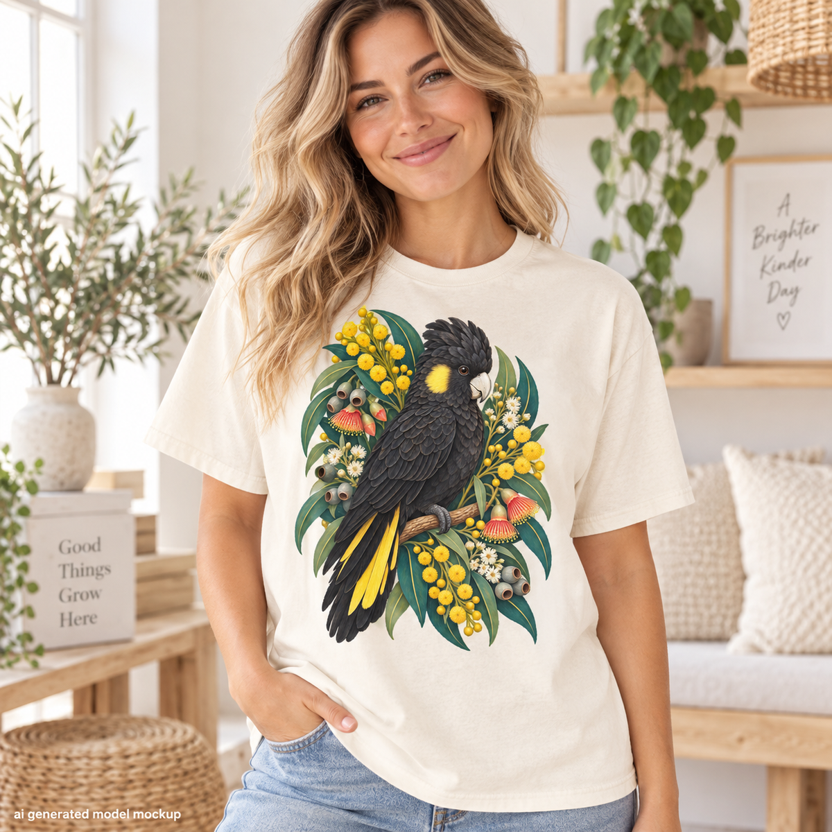Cream t-shirt with a black cockatoo perched on a branch surrounded by yellow wattle.