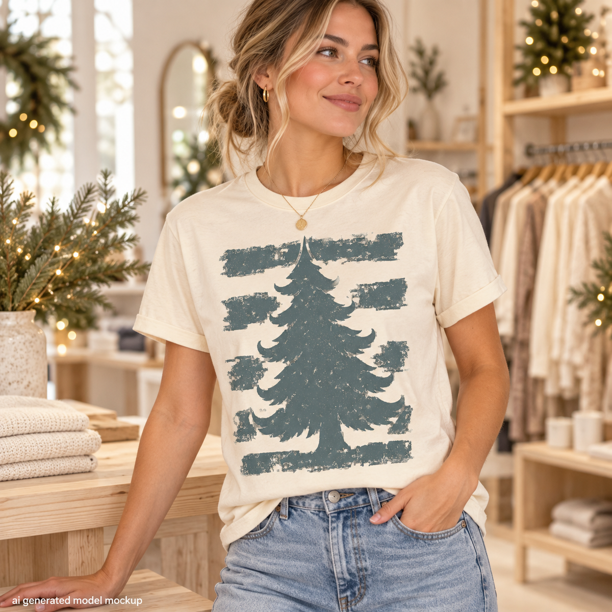 Cream t-shirt with distressed Christmas tree graphic on horizontal stripes.
