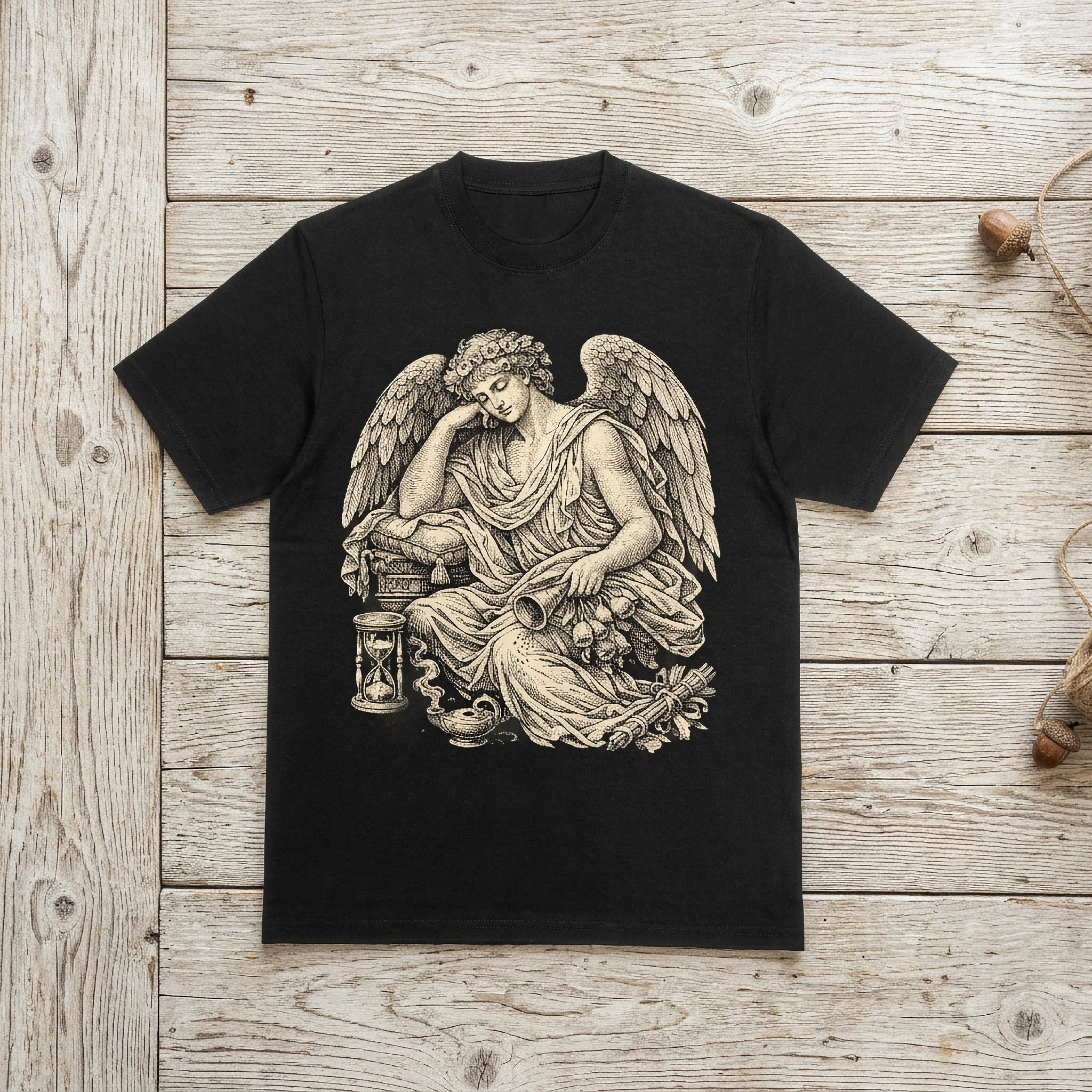 Black t-shirt with angelic figure, hourglass, and floral illustration.