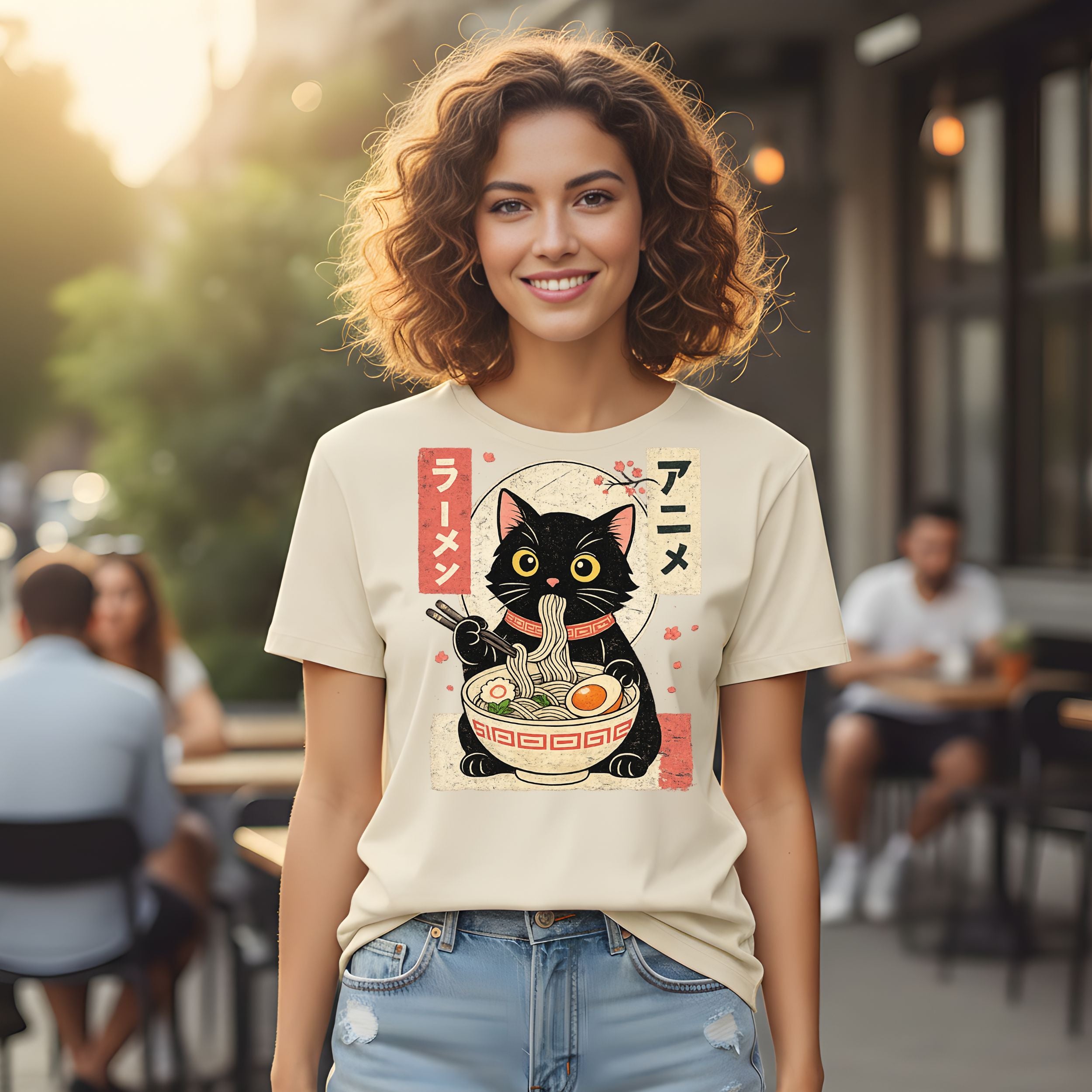 Cute Anime Ramen Cat Graphic Casual Wear T-shirt