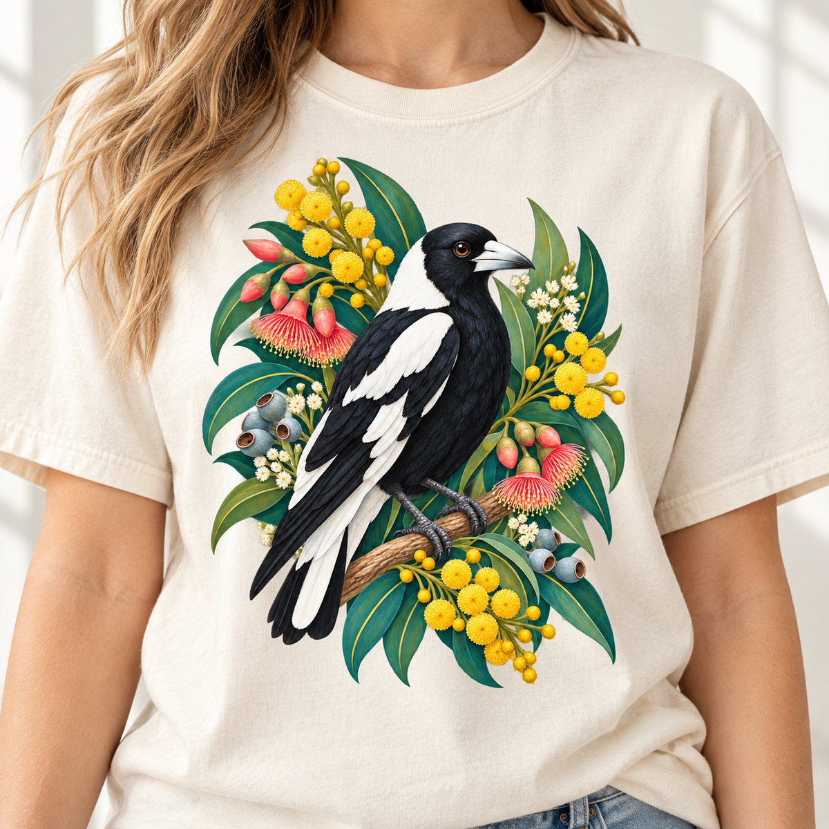 A person wearing a cream-colored t-shirt printed with an illustration of an Australian magpie among eucalyptus leaves and flowers.