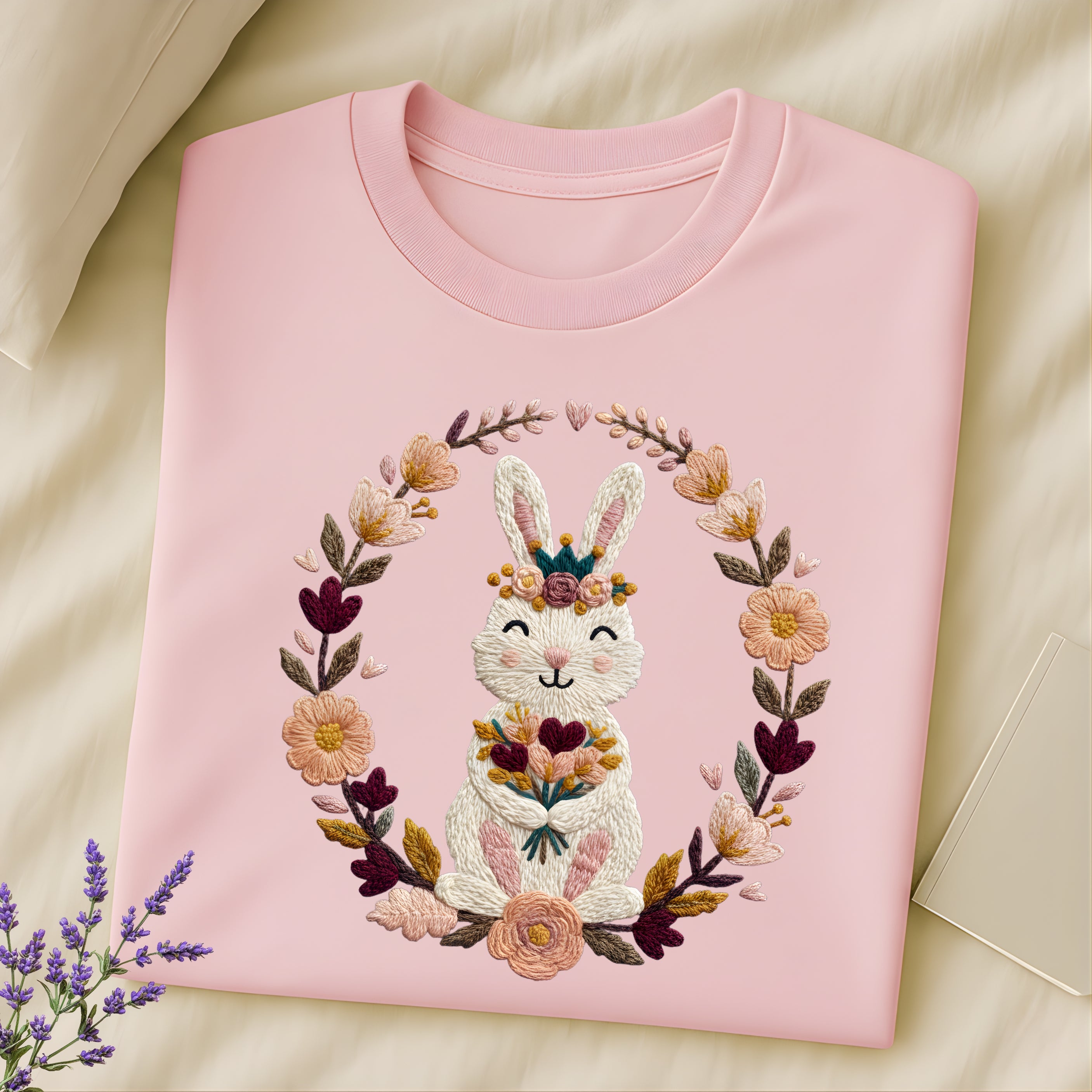 Cute Bunny with Floral Bouquet Embroidery Design Shirt