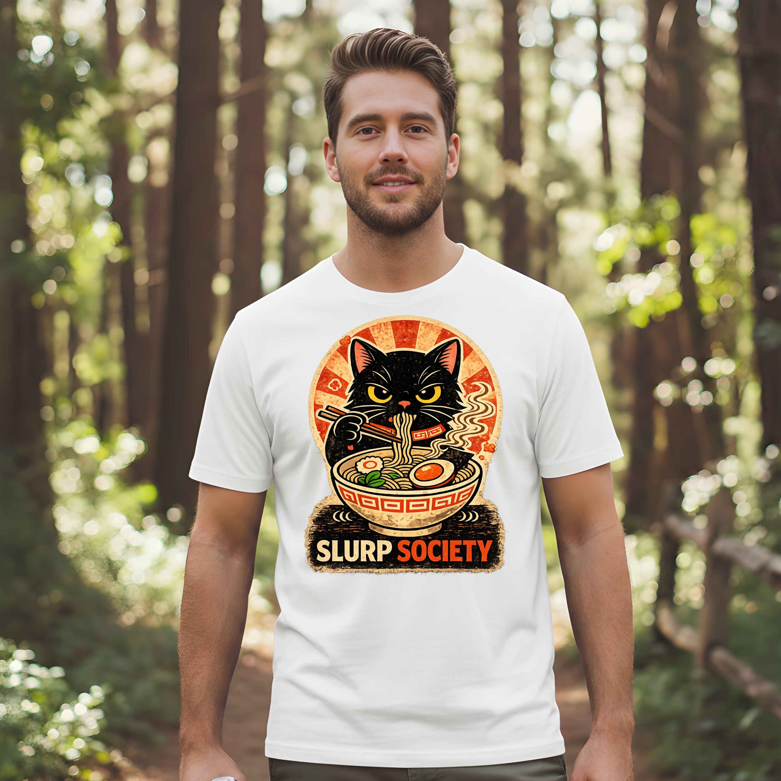 Slurp Society Cat Eating Ramen Graphic T-Shirt