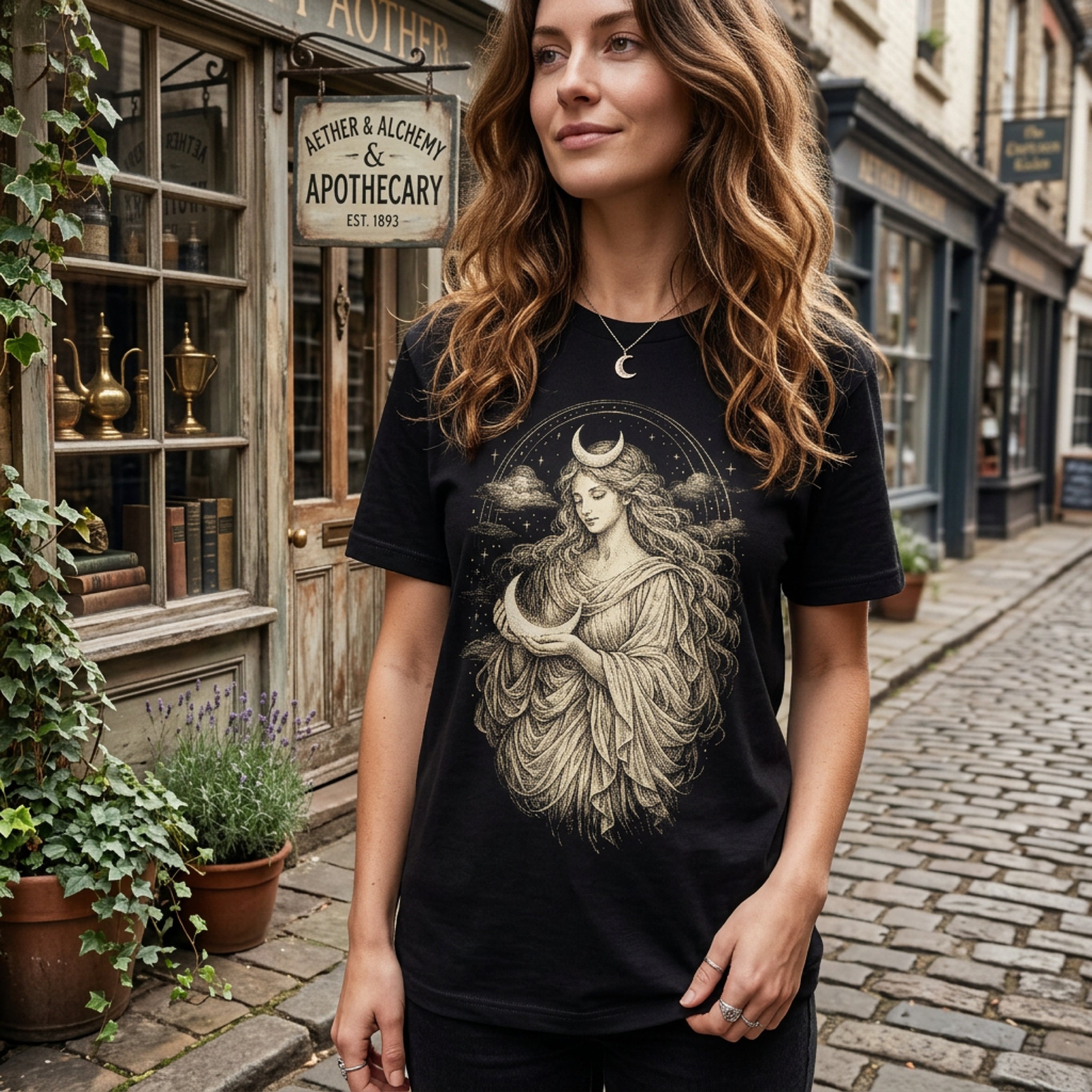 Woman wearing black t-shirt with celestial moon goddess illustration.