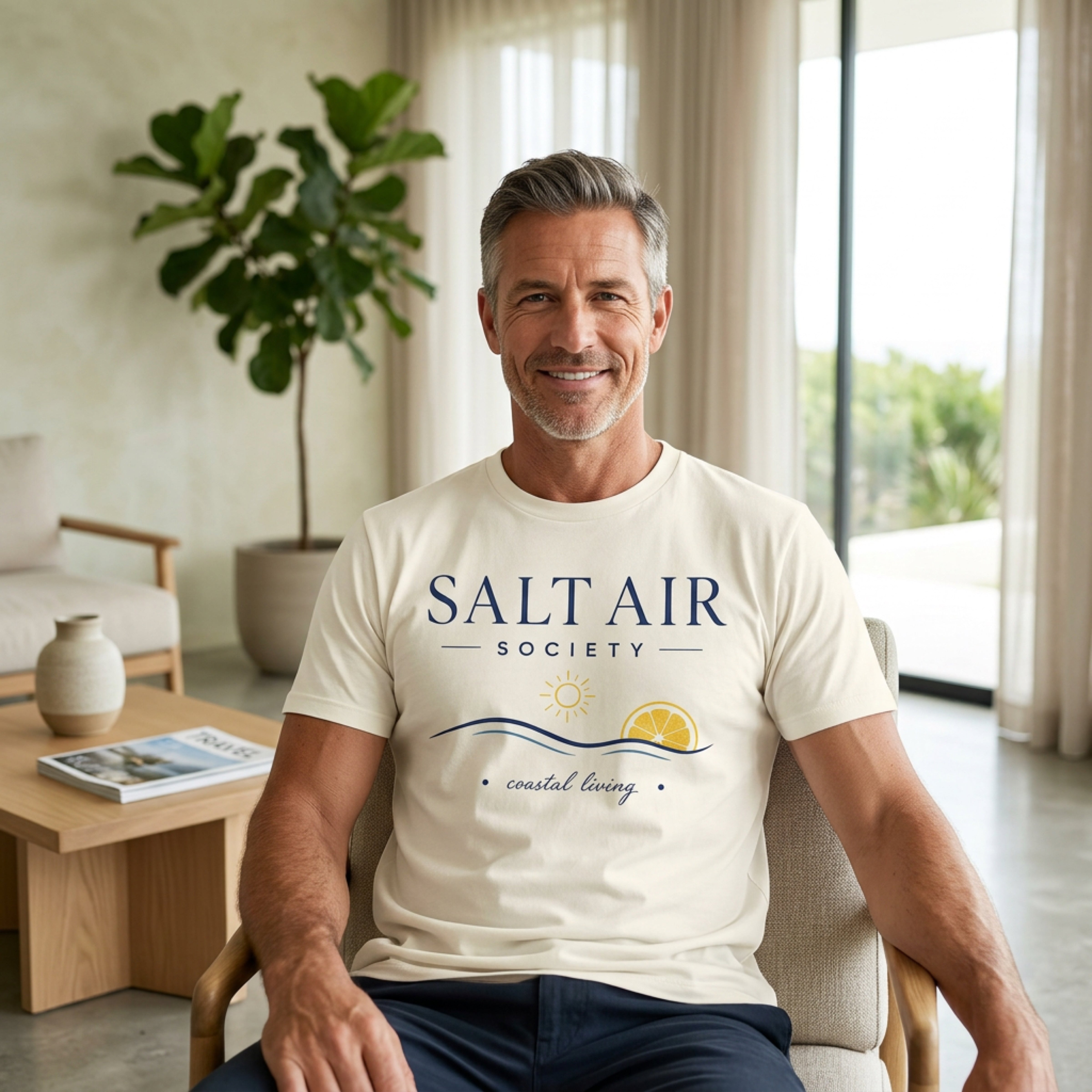 Man wearing a cream t-shirt with "SALT AIR SOCIETY coastal living" text and a sun logo.