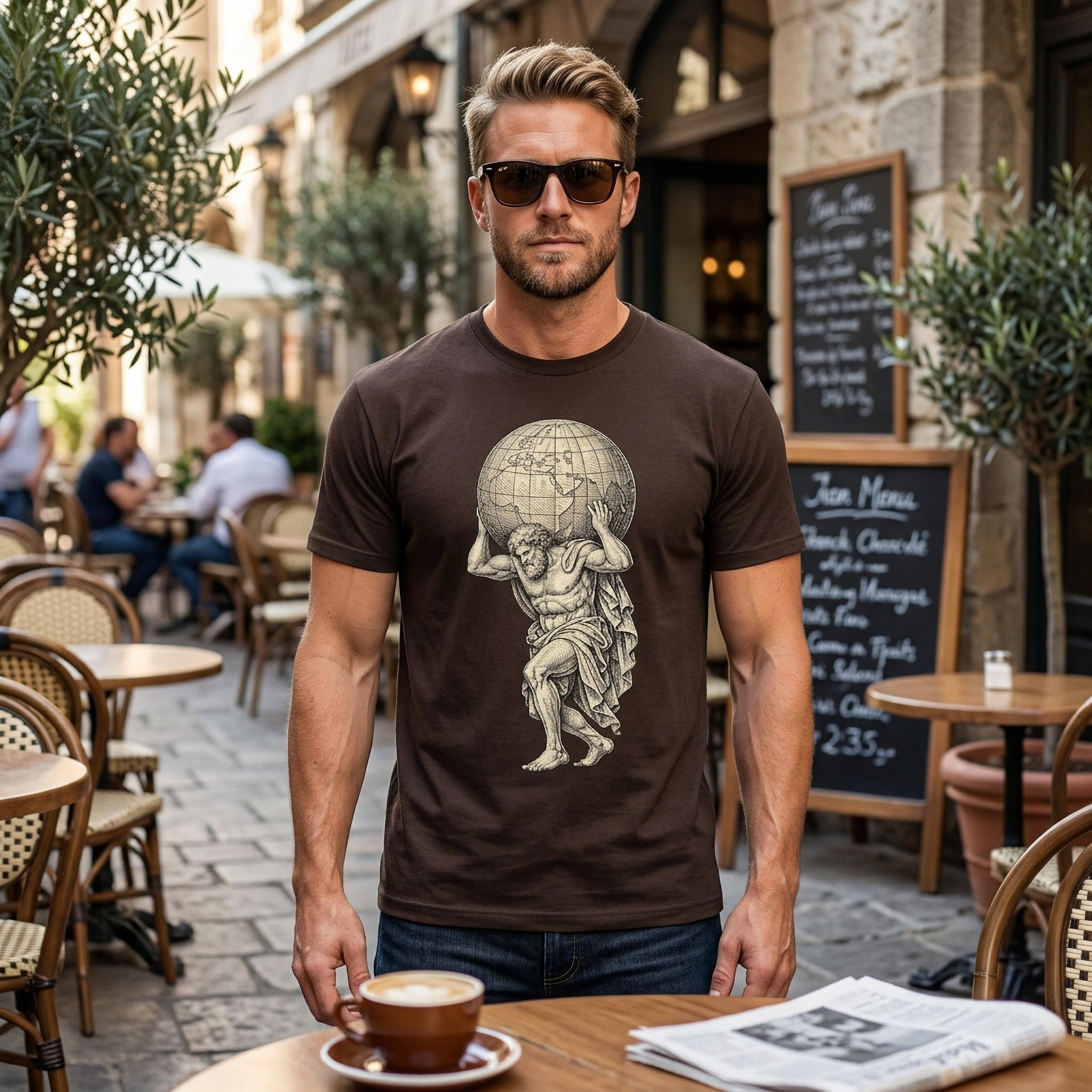 Man in brown t-shirt carrying Atlas on outdoor cafe table.