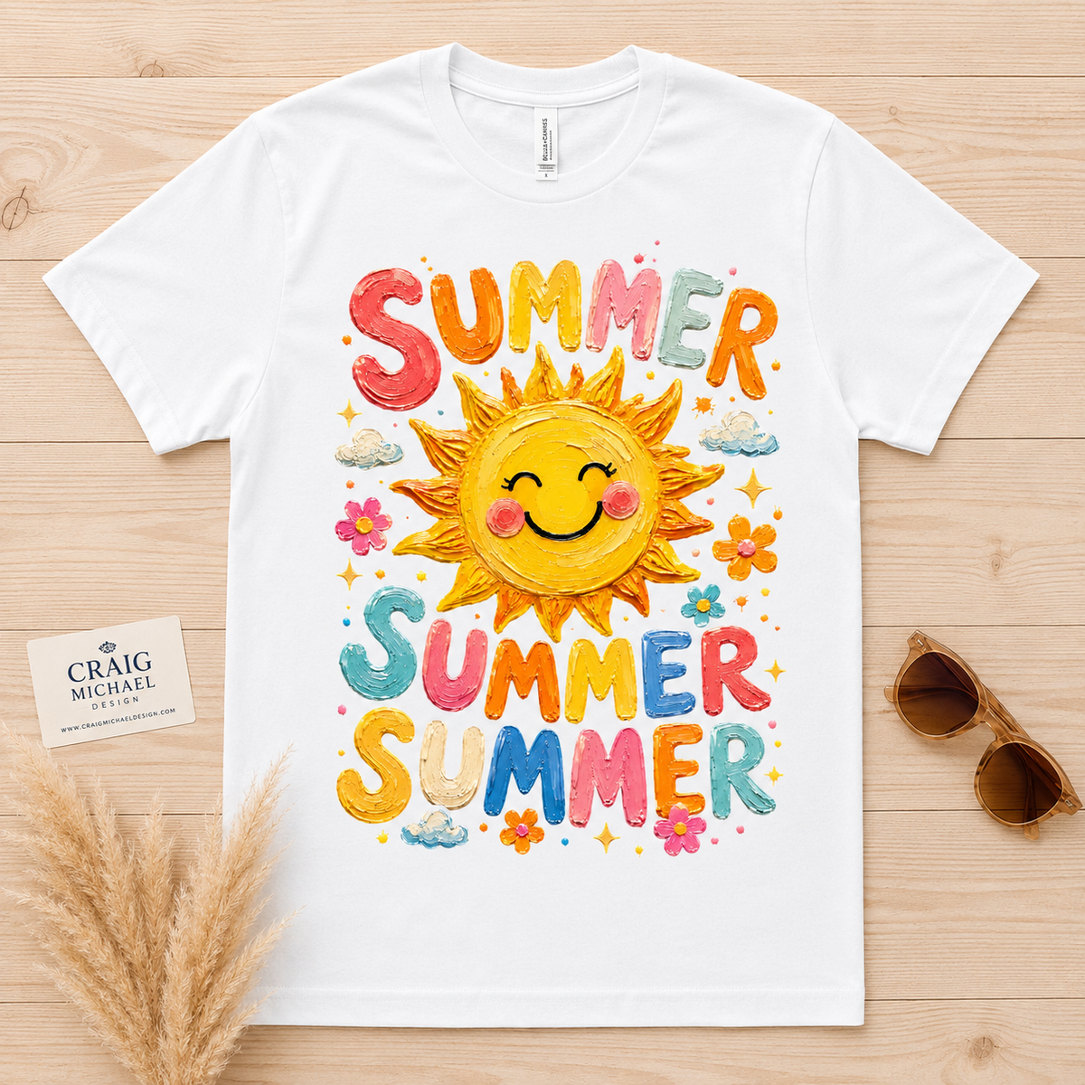 White t-shirt with colorful "SUMMER SUMMER" text and a happy sun graphic.