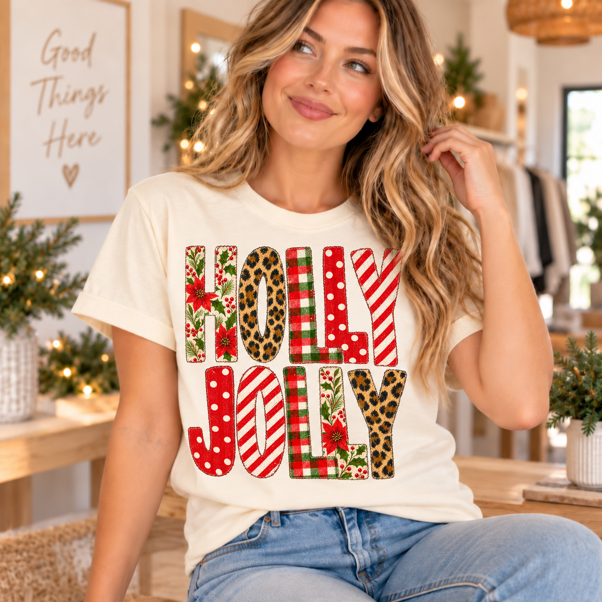 Cream t-shirt with "HOLLY JOLLY" text in festive patterns.