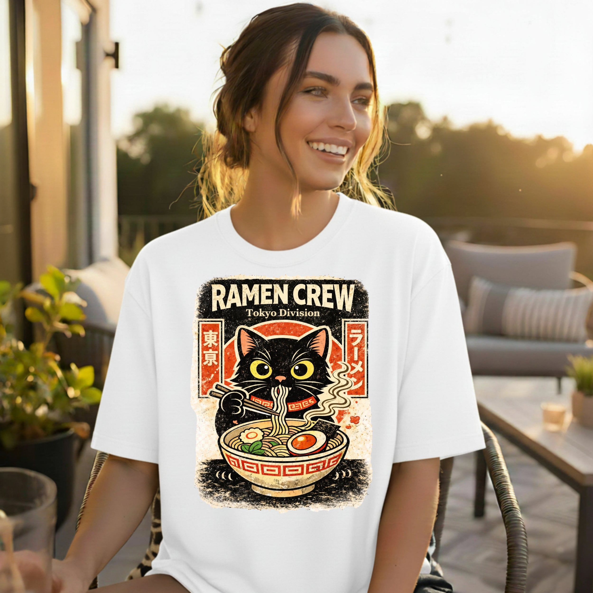 Ramen Crew Tokyo Division Cute Cat Graphic T-shirt