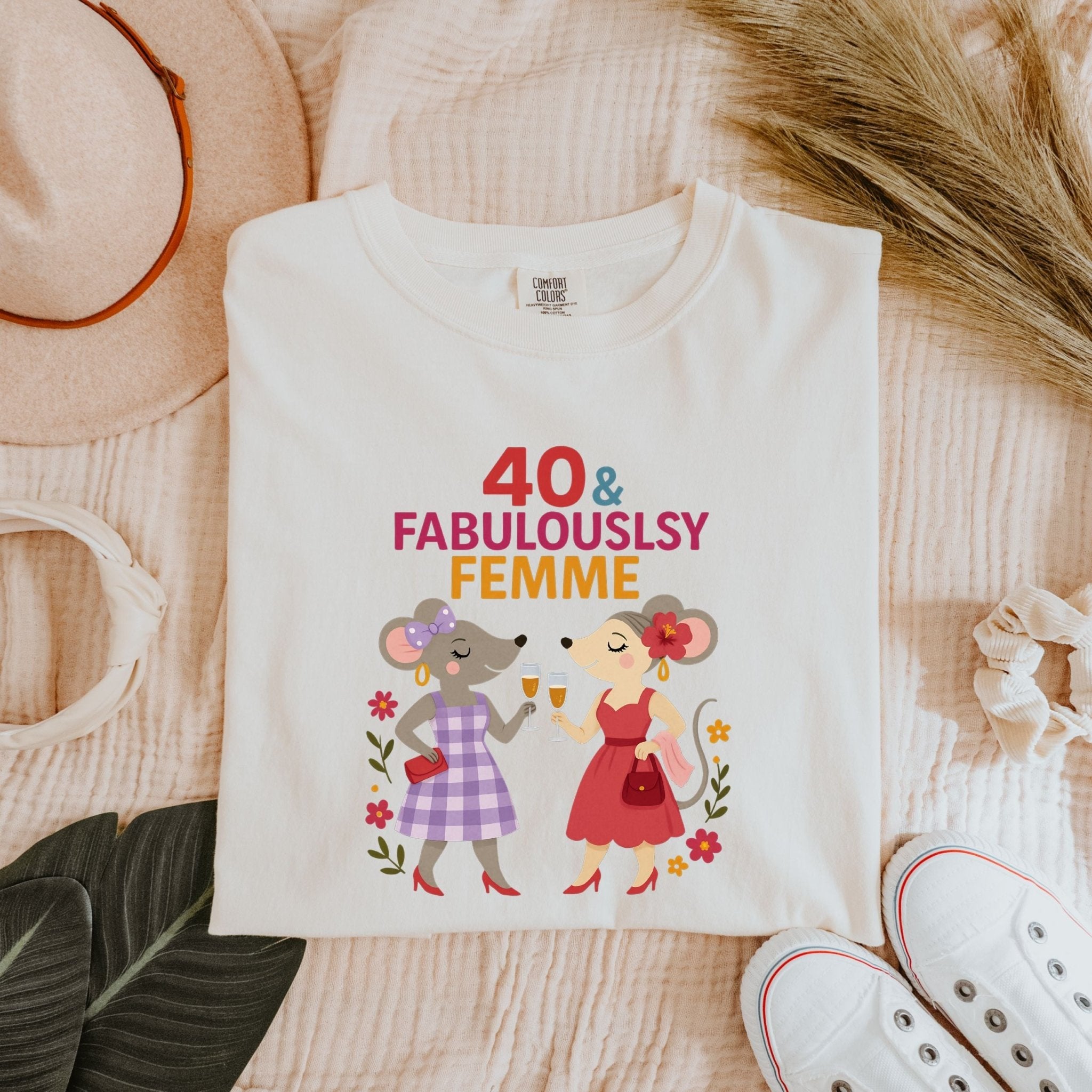 40 and Fabulously Femme Tee, Comfort Colours Lesbian Birthday Shirt, Mouse Couple Gift for Her, Femme 40th Milestone T-Shirt - Craig Michael Design