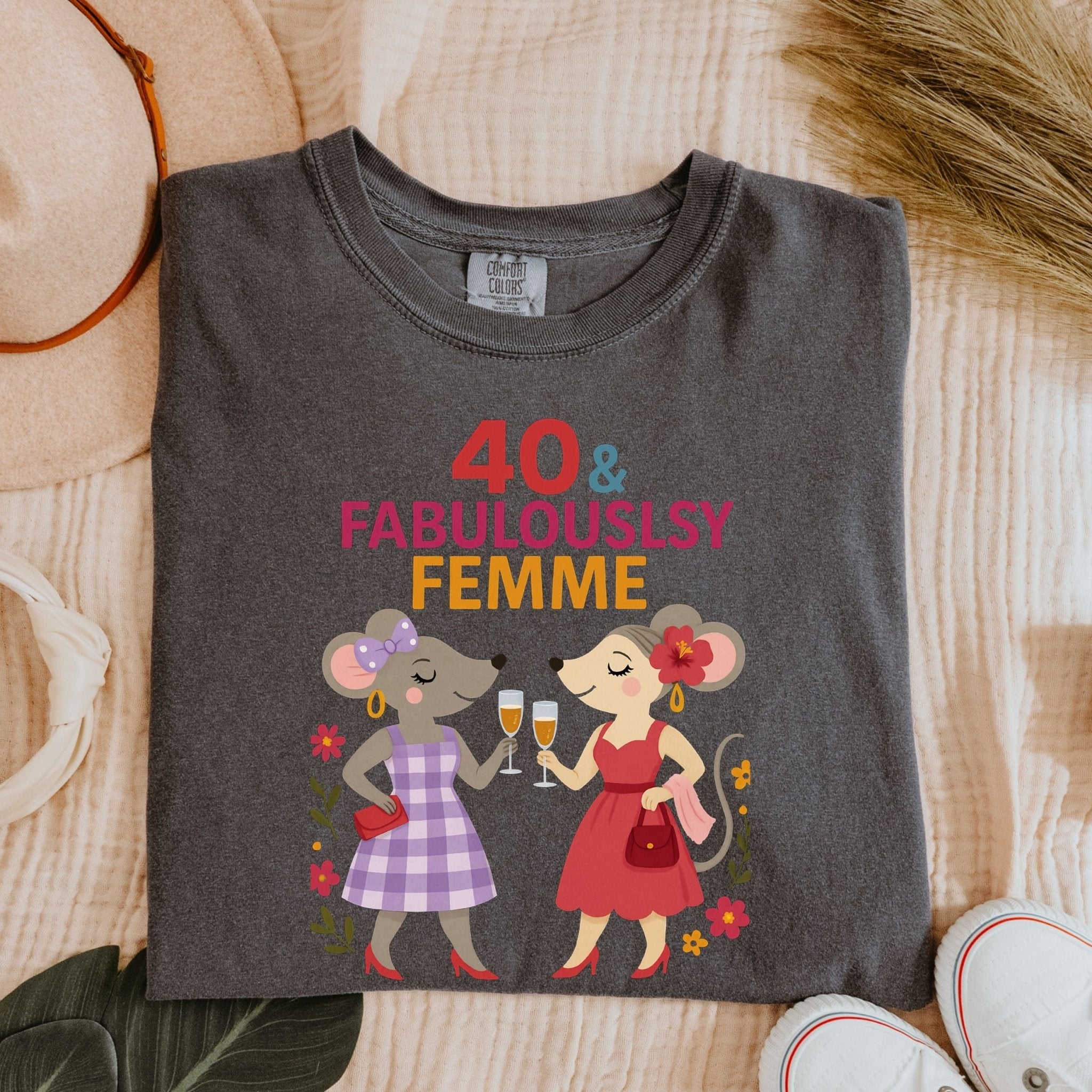 40 and Fabulously Femme Tee, Comfort Colours Lesbian Birthday Shirt, Mouse Couple Gift for Her, Femme 40th Milestone T-Shirt - Craig Michael Design