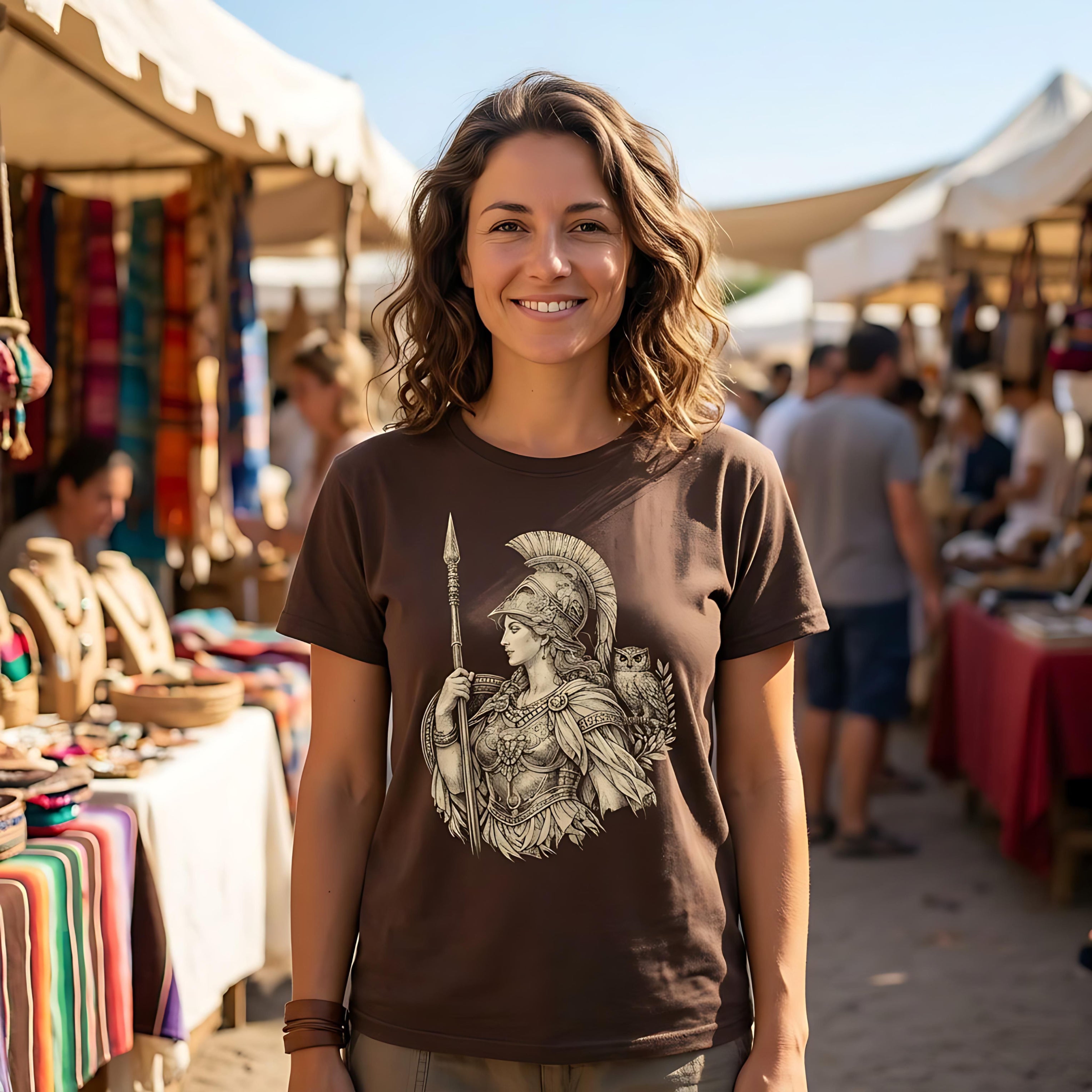 Woman wearing a brown t-shirt with Athena graphic, standing at an outdoor market.